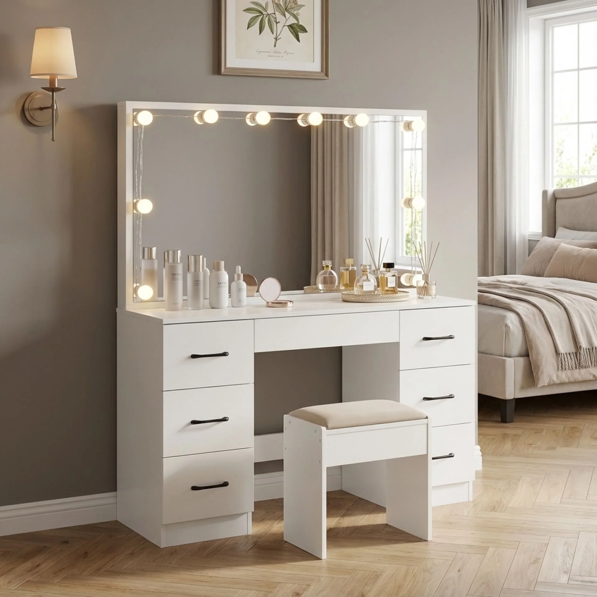 LISIANTHUS 2 Piece Dressing Table with Mirror & Stool Set - White - Image 4