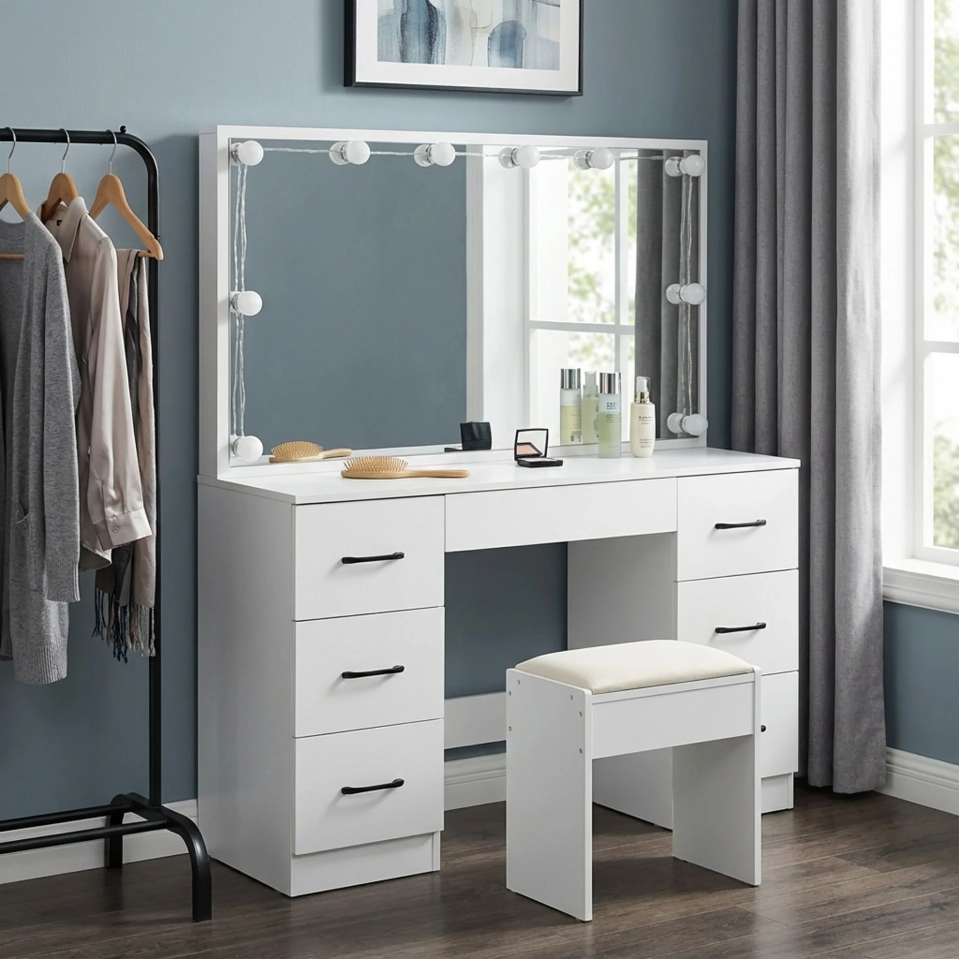 LISIANTHUS 2 Piece Dressing Table with Mirror & Stool Set - White - Image 5