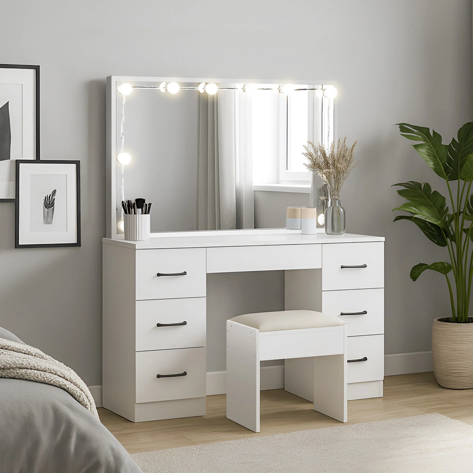 LISIANTHUS 2 Piece Dressing Table with Mirror & Stool Set - White - Image 6