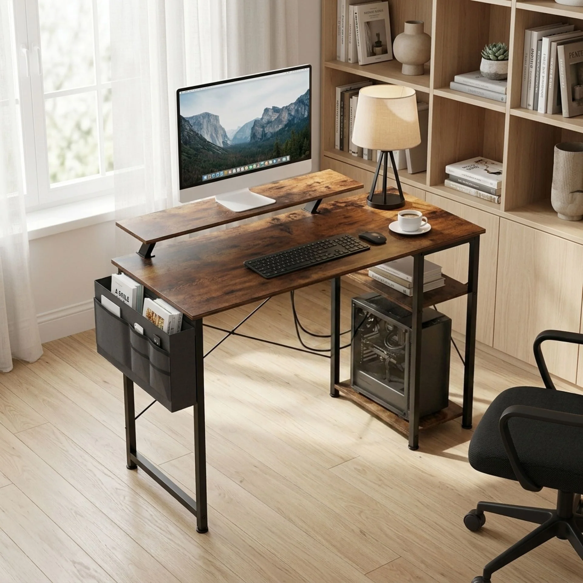 Logan 100cm Computer Desk with Storage Bag - Rustic Brown