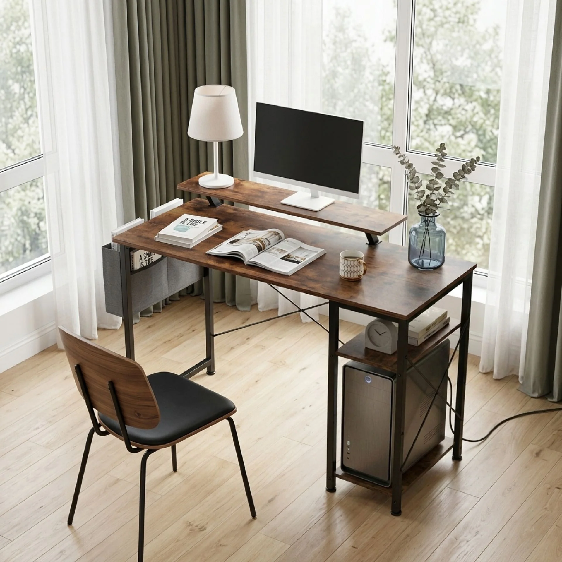 Logan 100cm Computer Desk with Storage Bag - Rustic Brown - Image 2