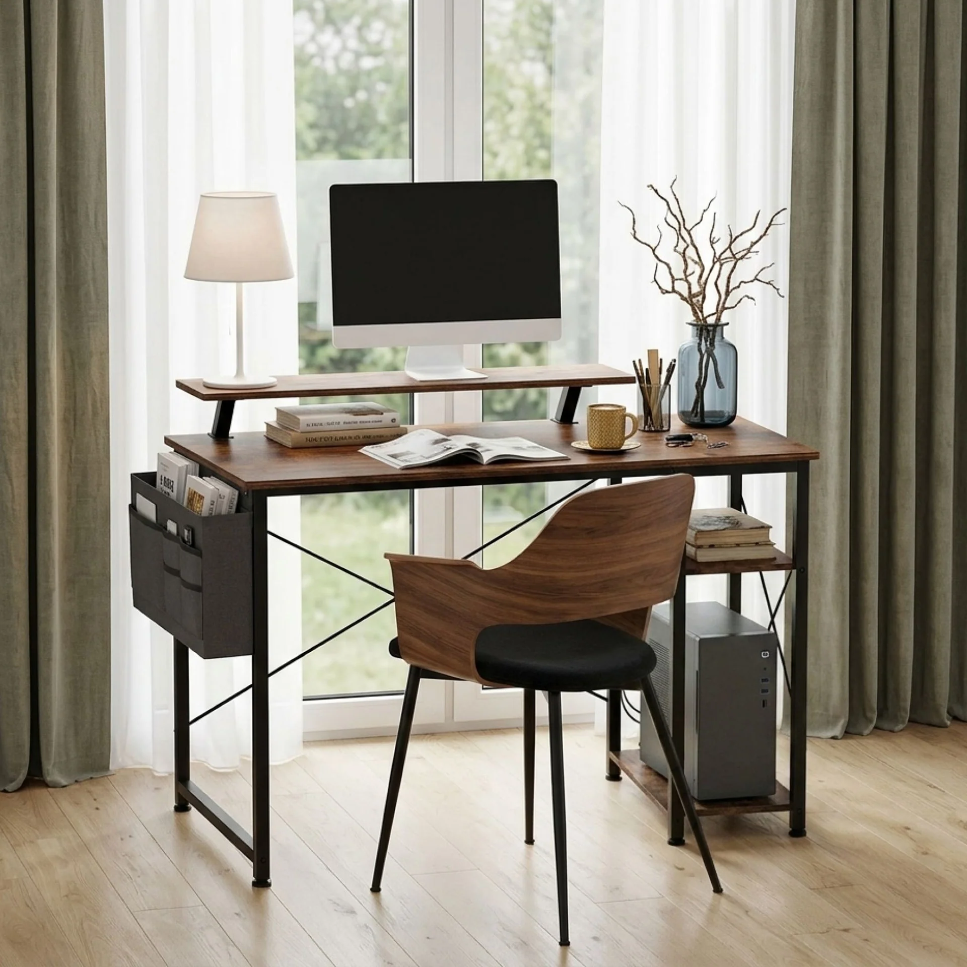 Logan 100cm Computer Desk with Storage Bag - Rustic Brown - Image 3