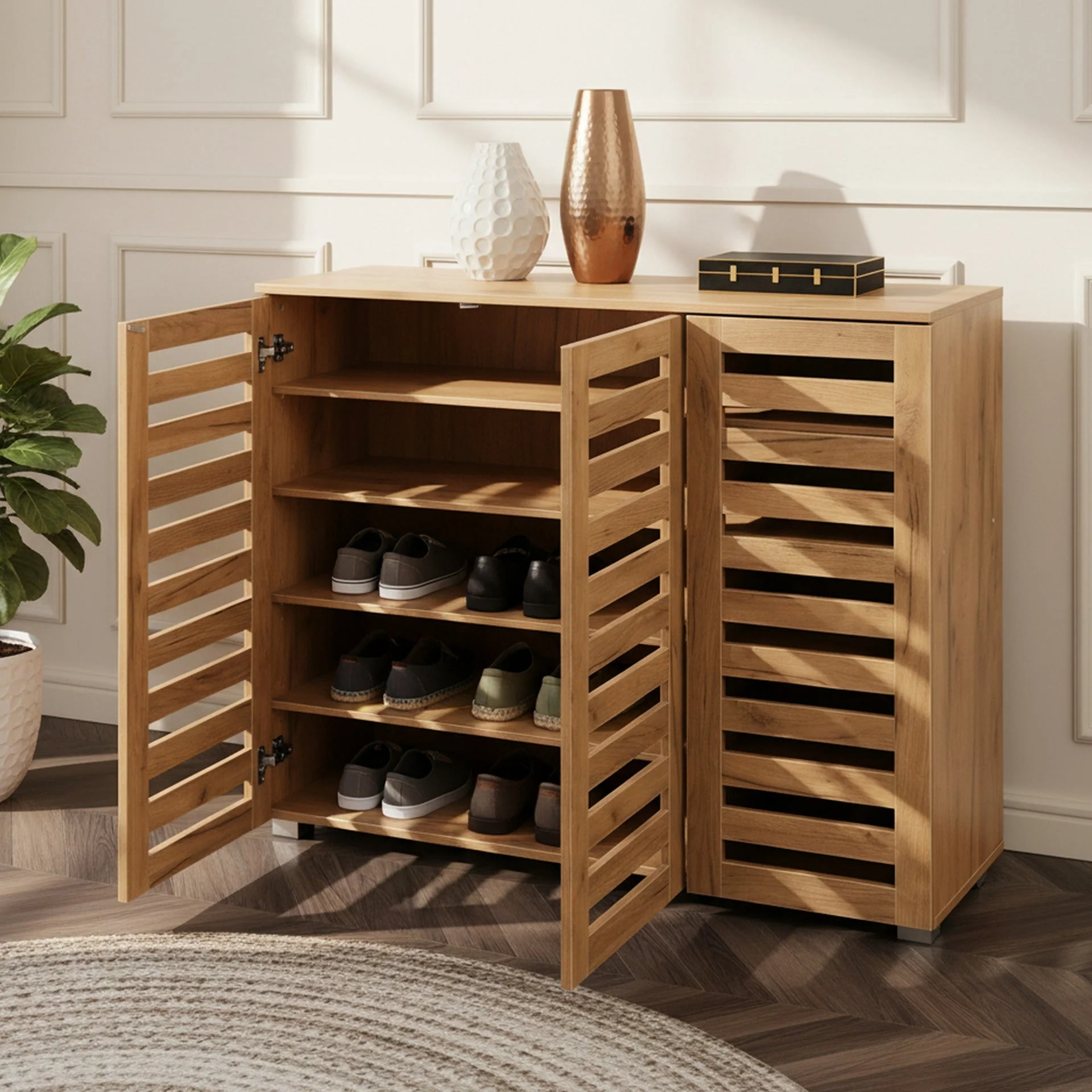 Loma 3 Door Shoe Cabinet Storage Rack - Dark Oak - Image 4