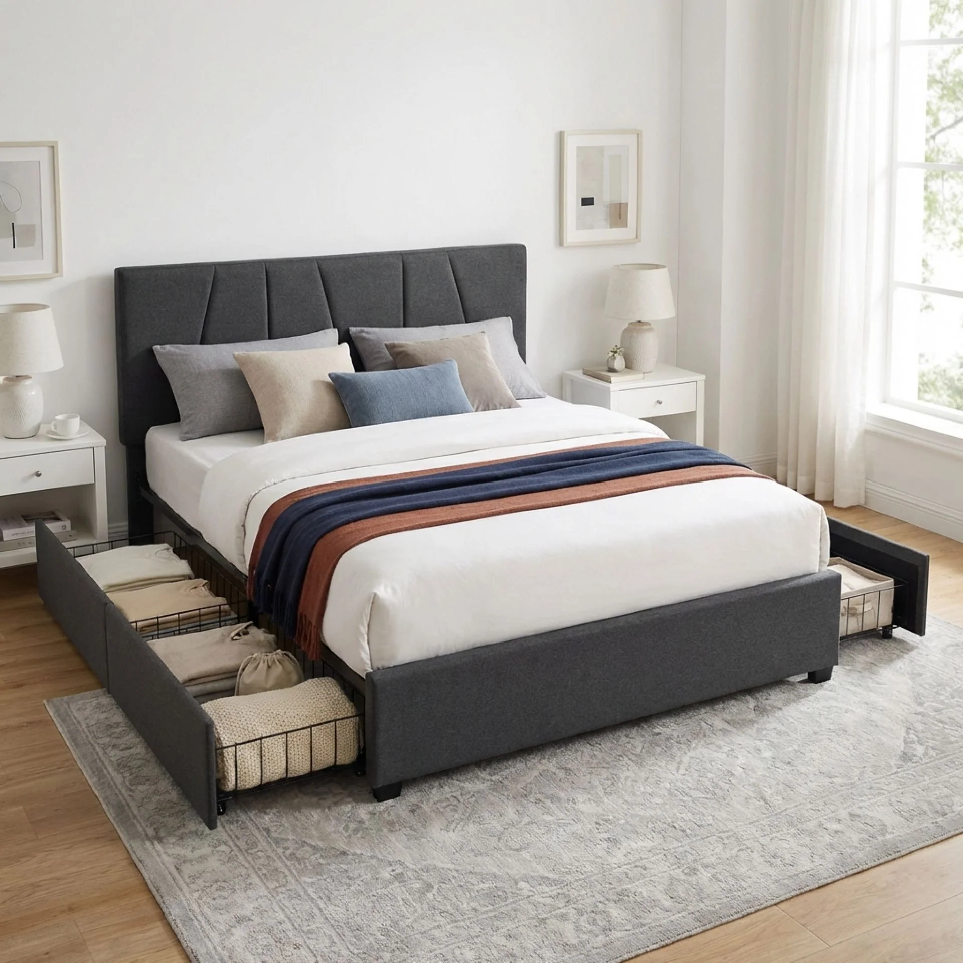 Wireva Linen Queen Bed Frame With 4 Drawers - Dark Grey - Image 2