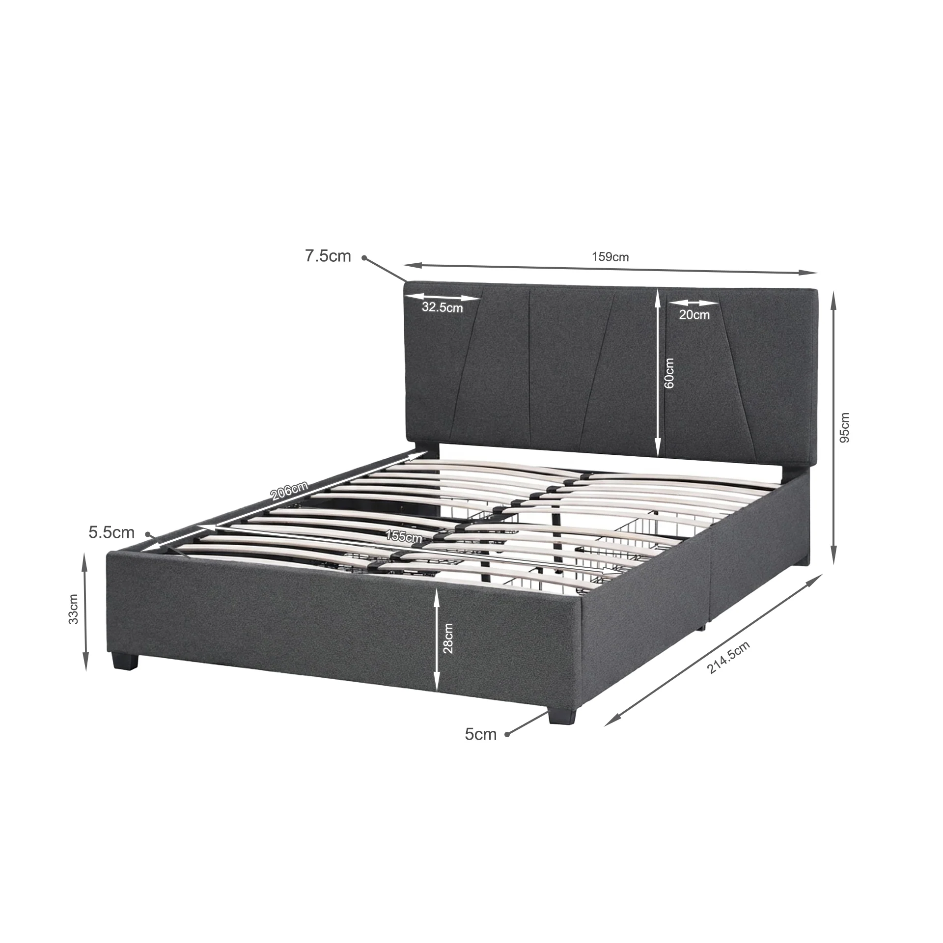 Wireva Linen Queen Bed Frame With 4 Drawers - Dark Grey - Image 9