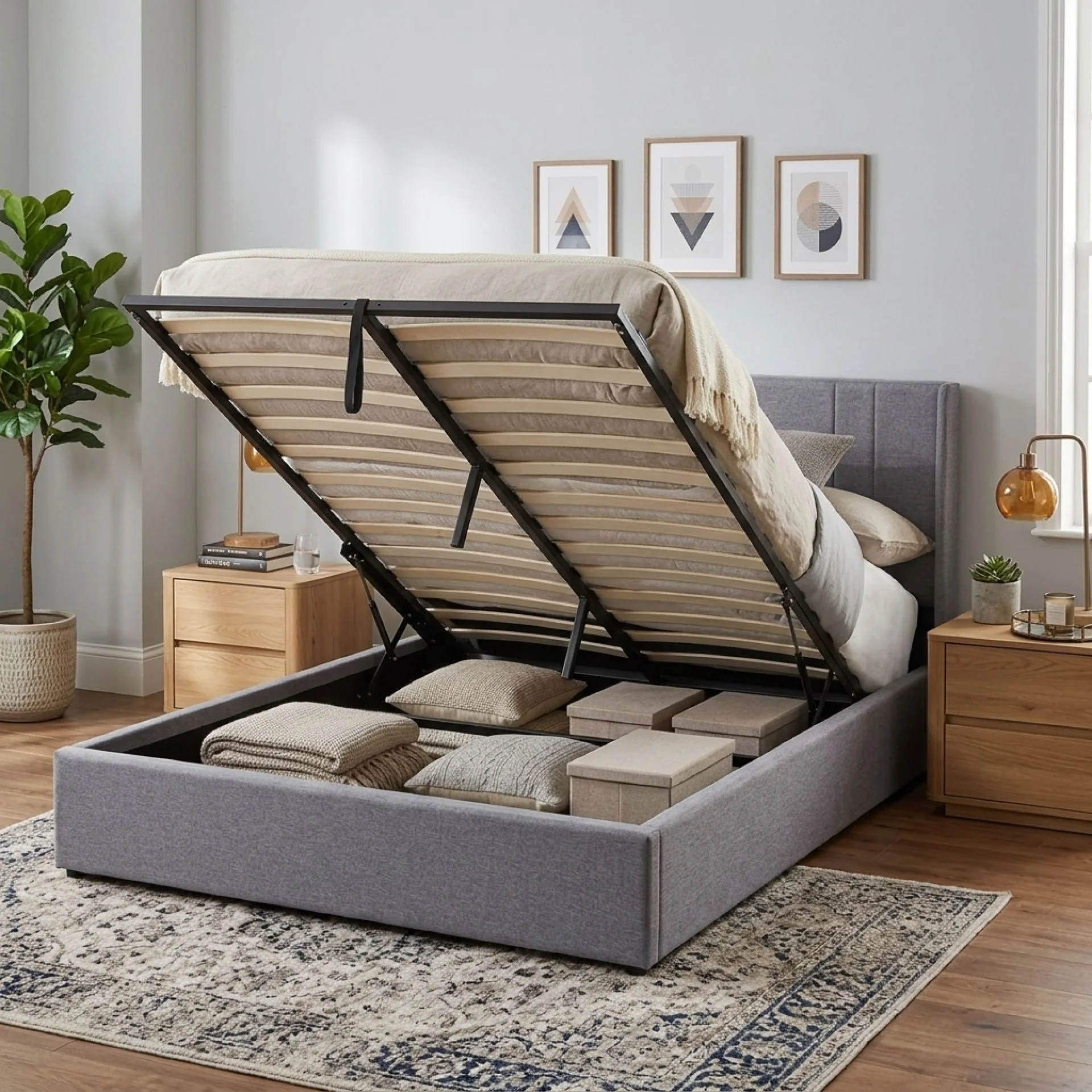 Arvya Queen Gas Lift Bed Frame – Light Grey