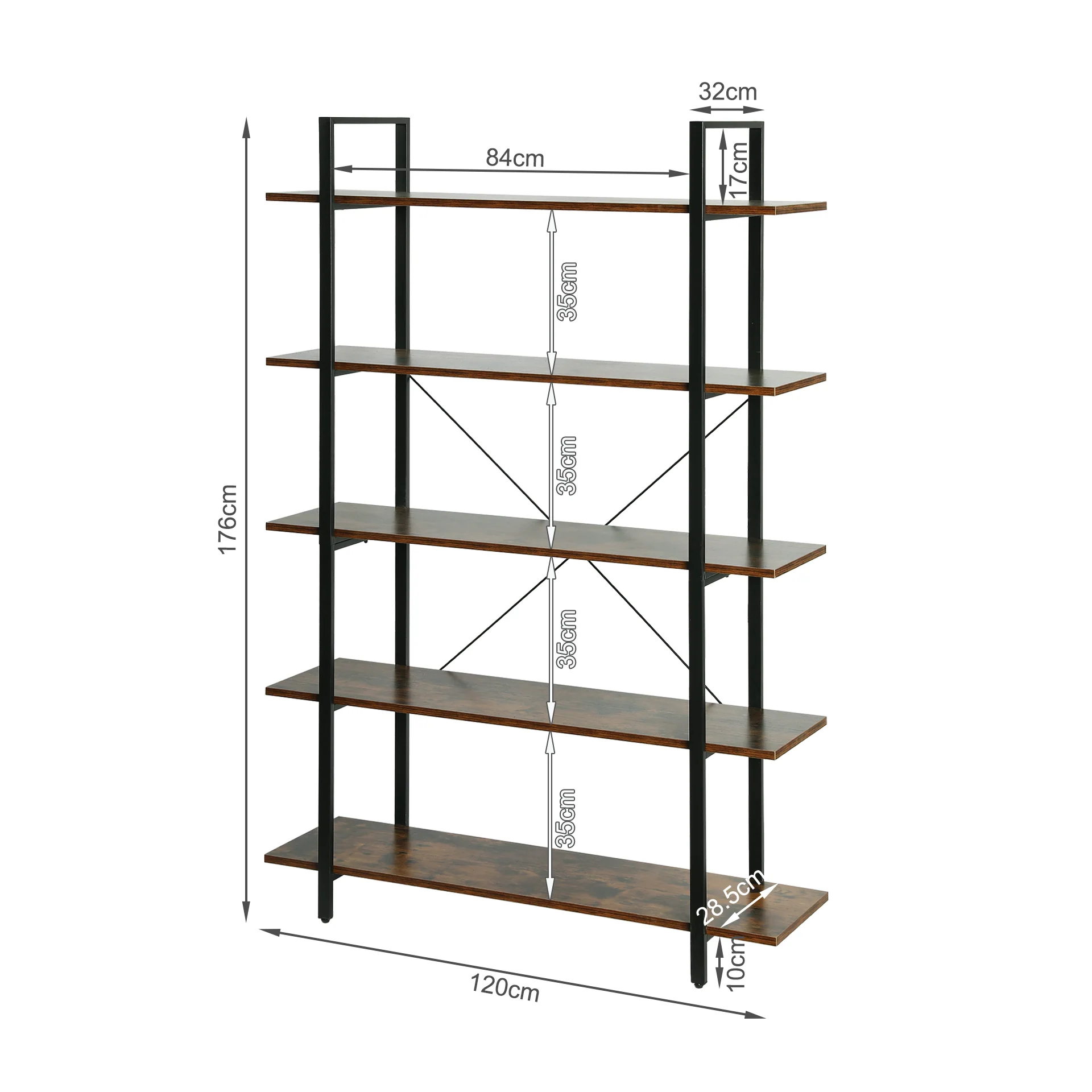 Forge 5 Tier Bookshelf - Rustic Brown - Image 12