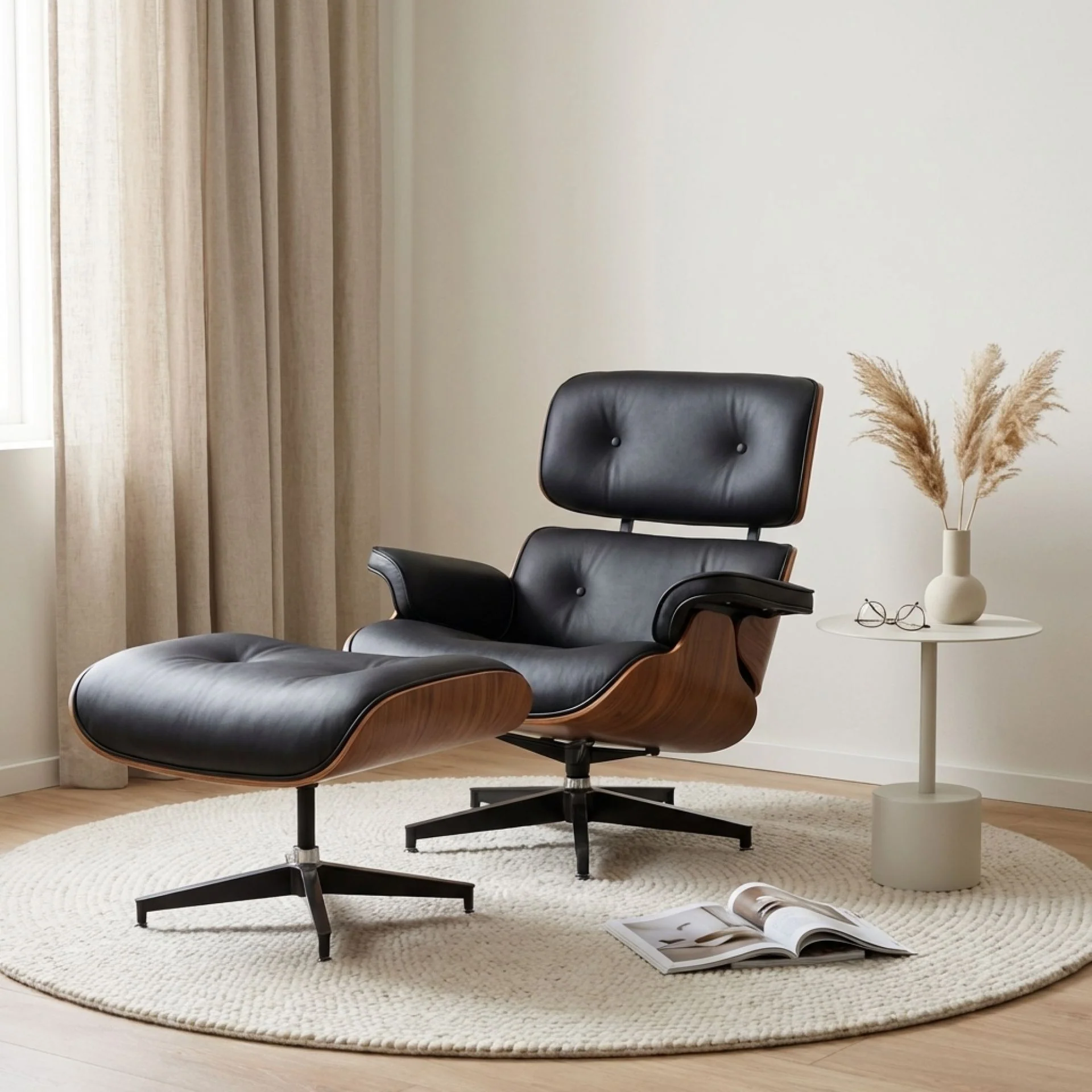 Veylo PU Armchair With Ottoman - Black & Walnut