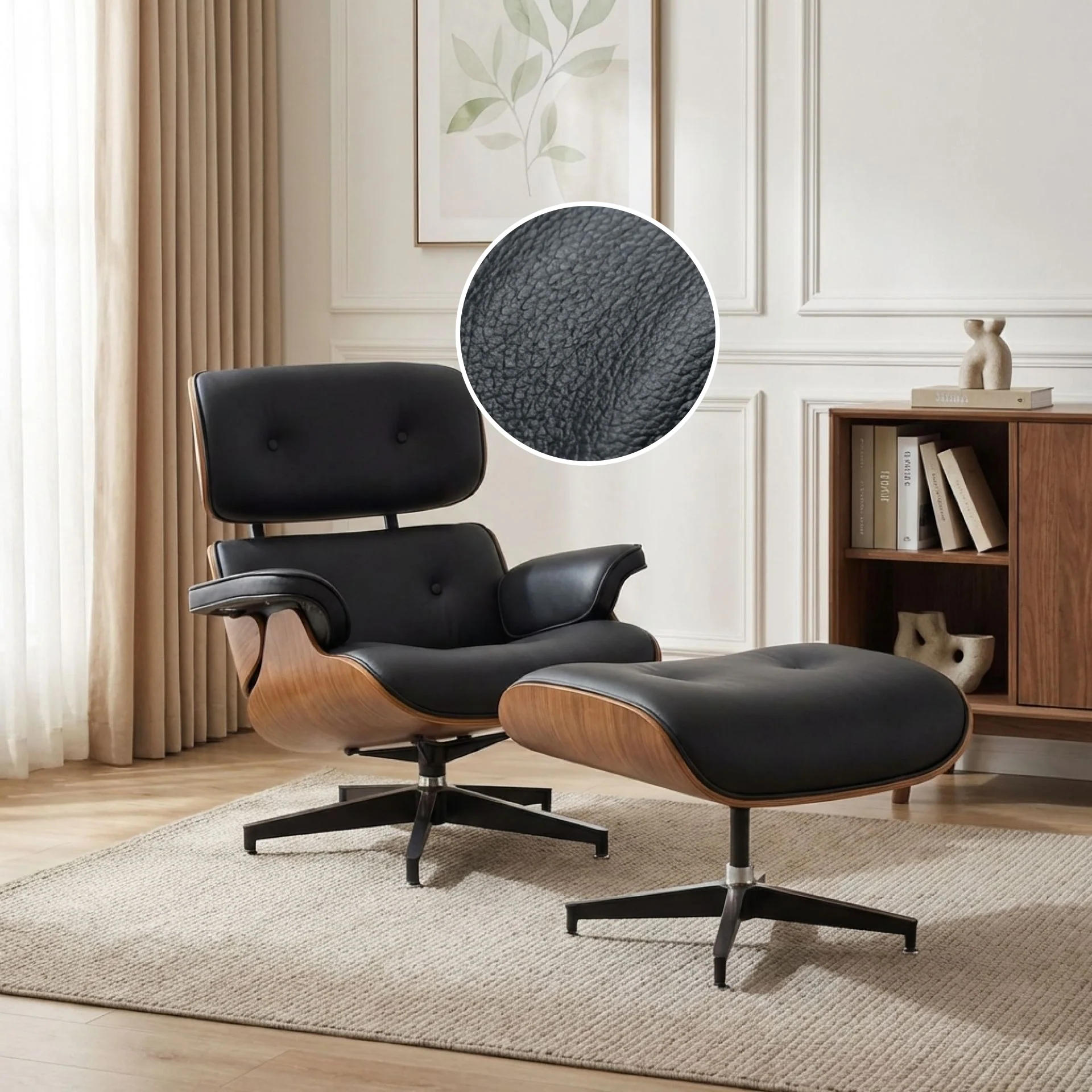 Veylo PU Armchair With Ottoman - Black & Walnut - Image 2