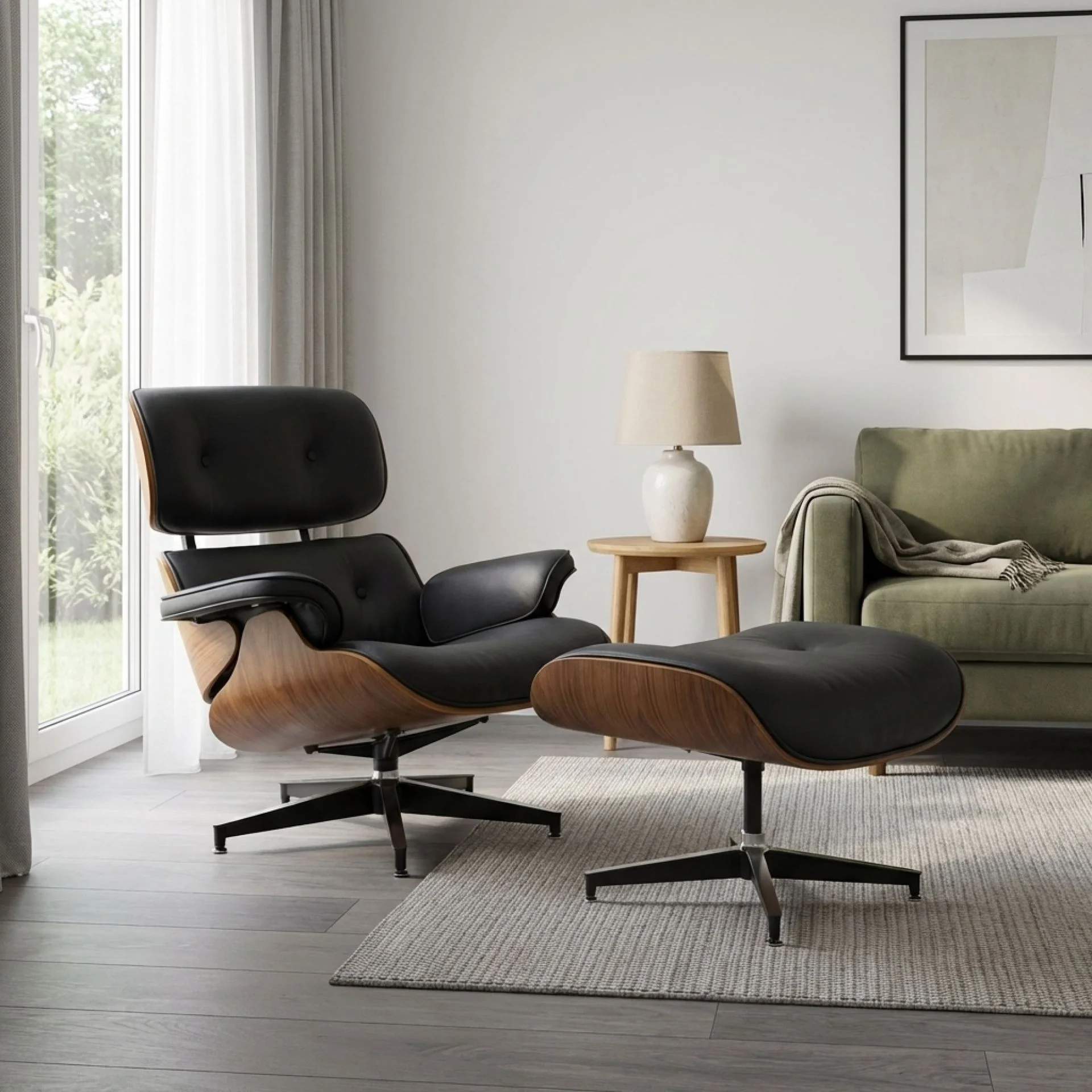 Veylo PU Armchair With Ottoman - Black & Walnut - Image 6