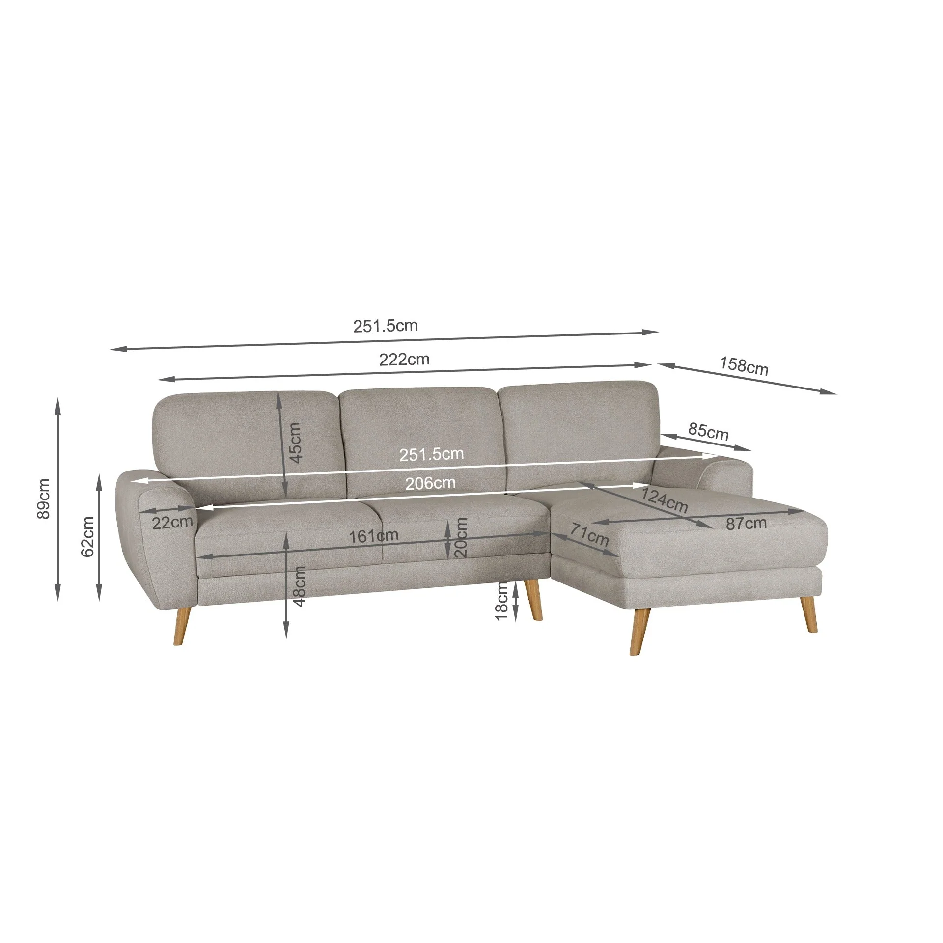 Luno 3 Seater Sofa with Right Facing Chaise - Beige - Image 12