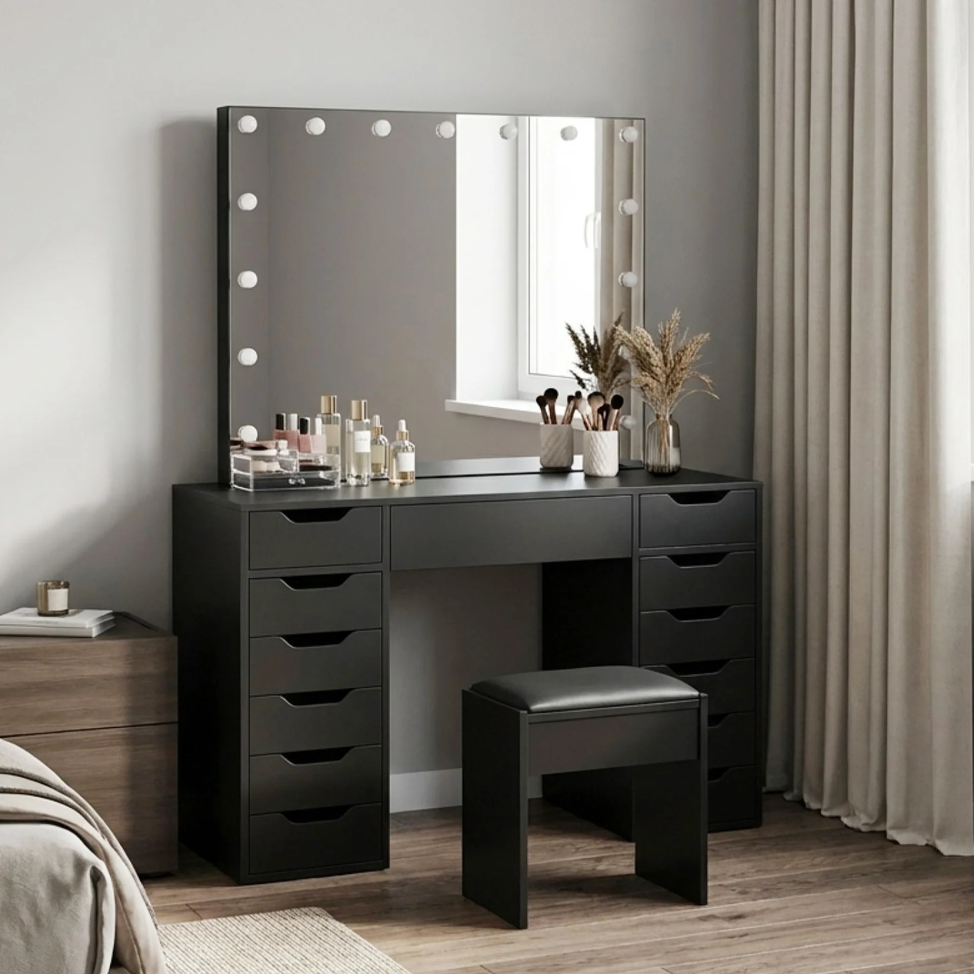 Lustra 2 Piece Dressing Table with Mirror & Stool Set - Black - Image 2
