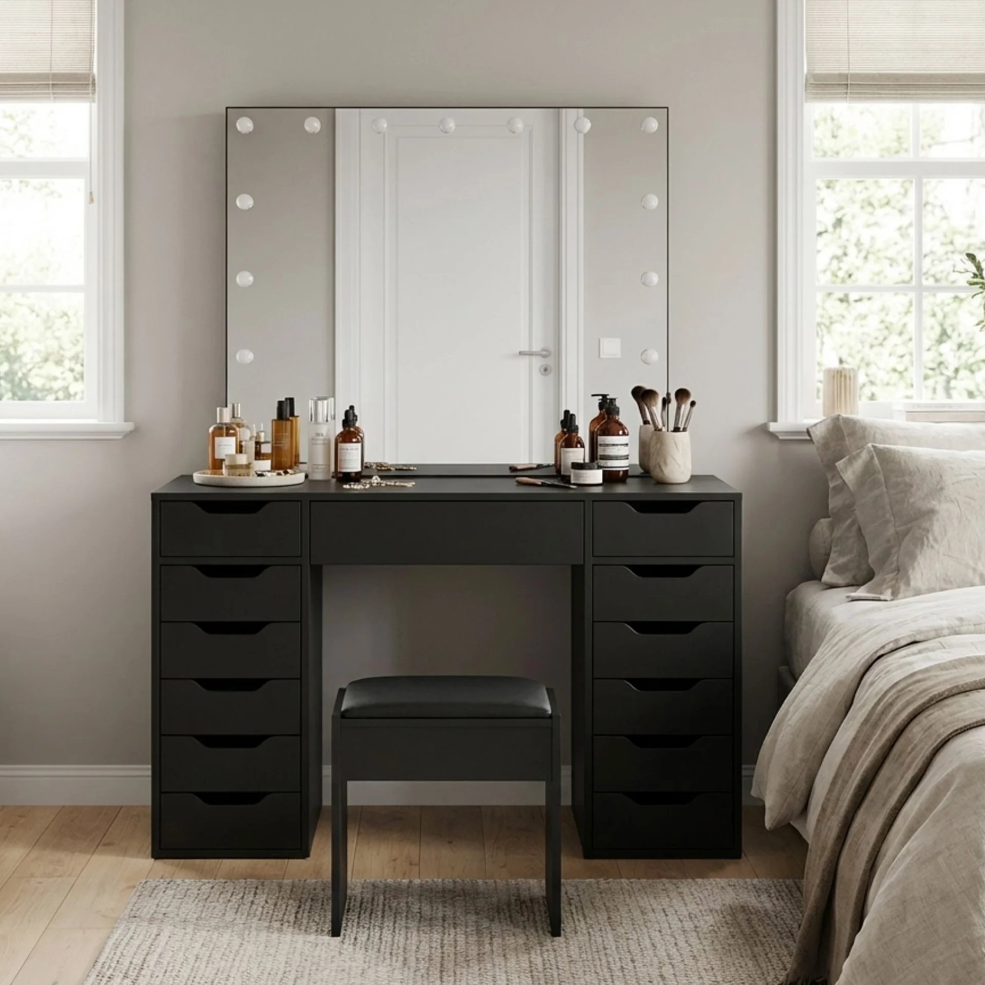 Lustra 2 Piece Dressing Table with Mirror & Stool Set - Black - Image 3