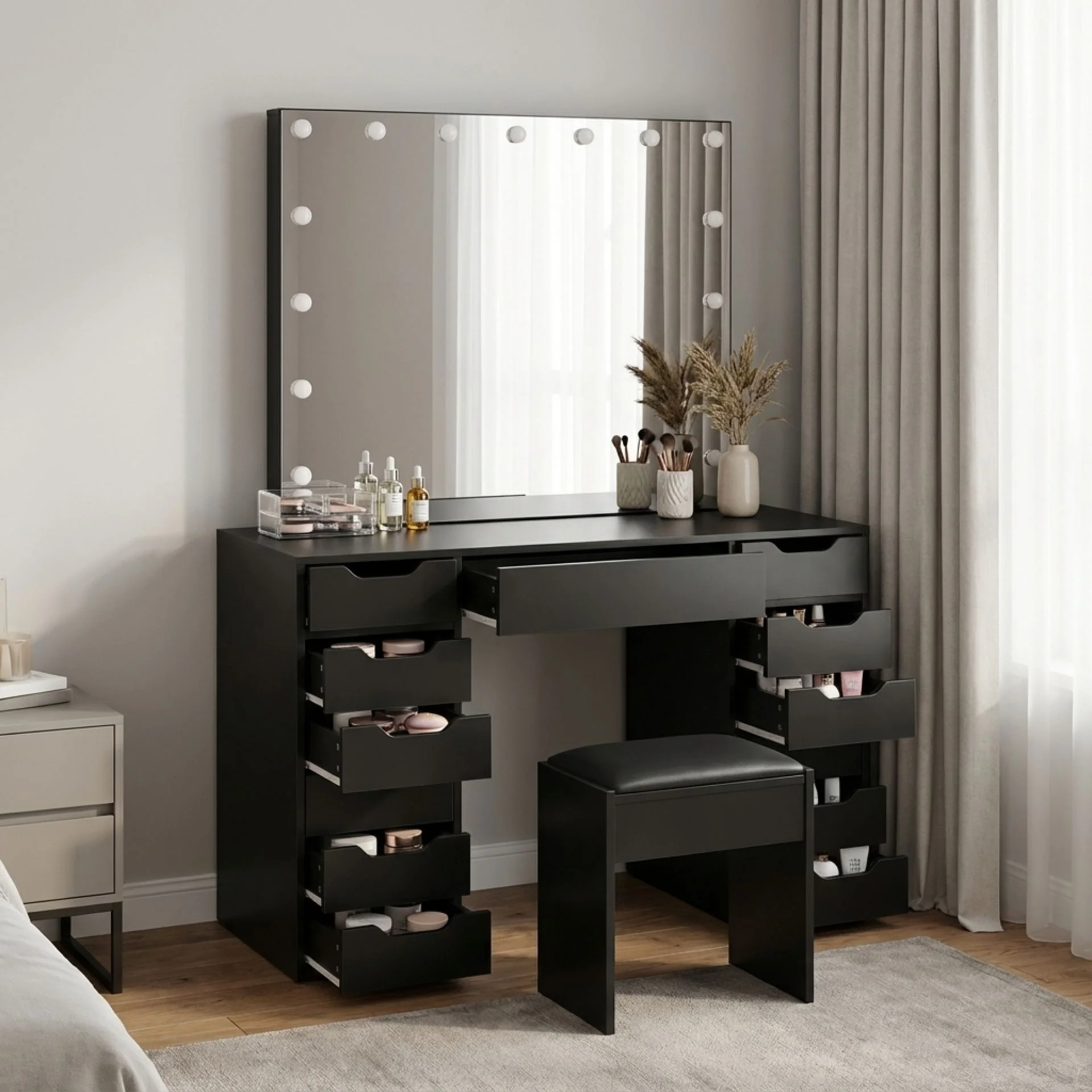 Lustra 2 Piece Dressing Table with Mirror & Stool Set - Black - Image 4