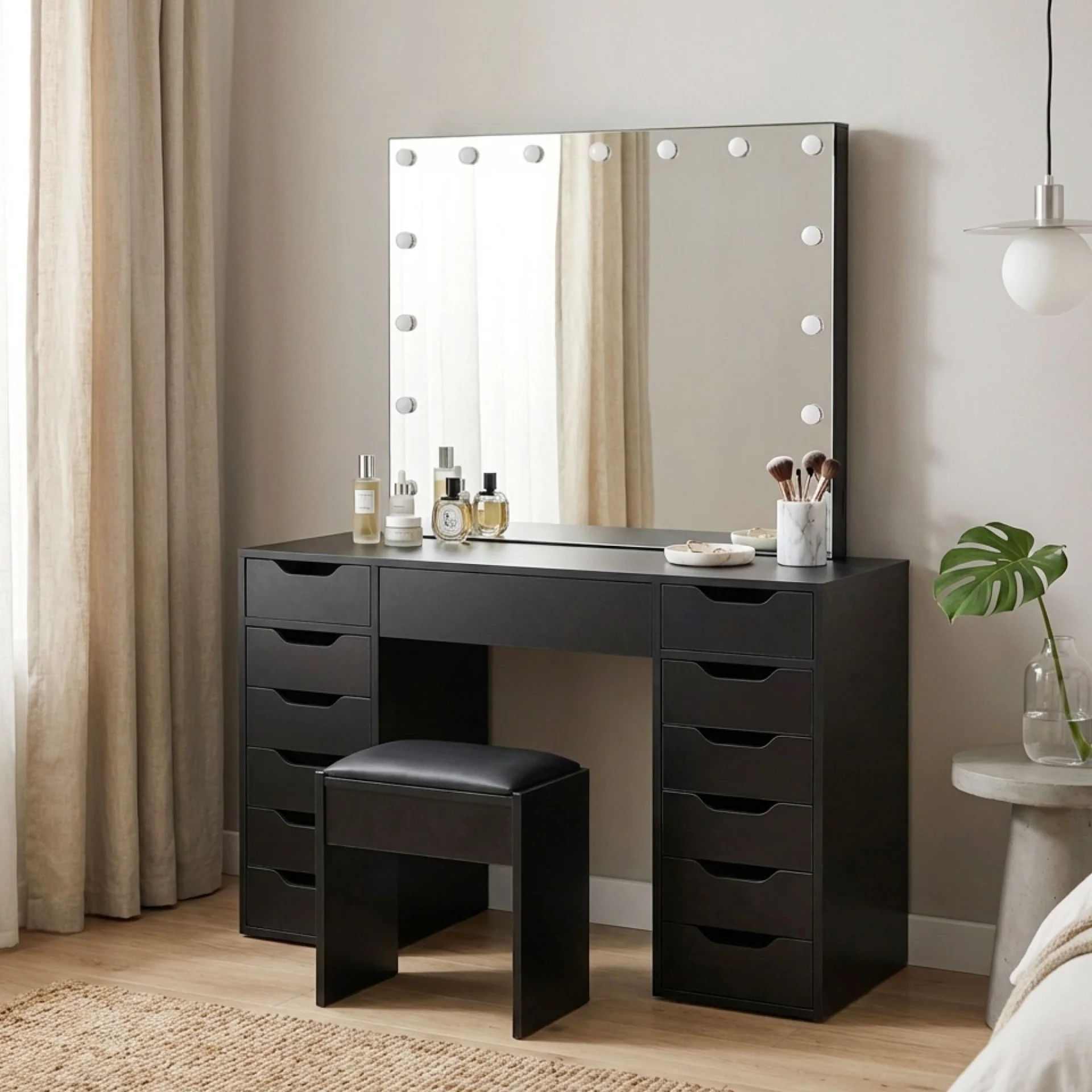 Lustra 2 Piece Dressing Table with Mirror & Stool Set - Black - Image 5