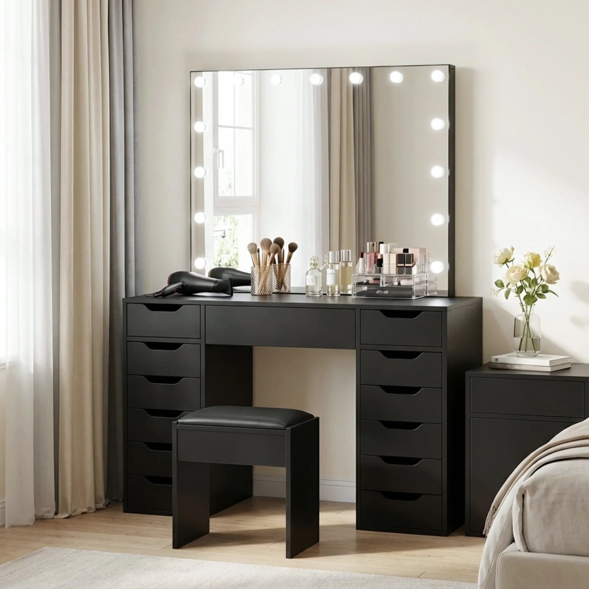 Lustra 2 Piece Dressing Table with Mirror & Stool Set - Black - Image 7
