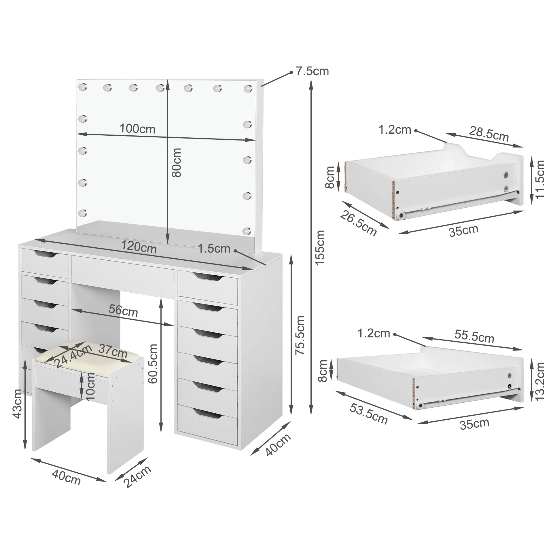Lustra 2 Piece Dressing Table with Mirror & Stool Set - White - Image 19