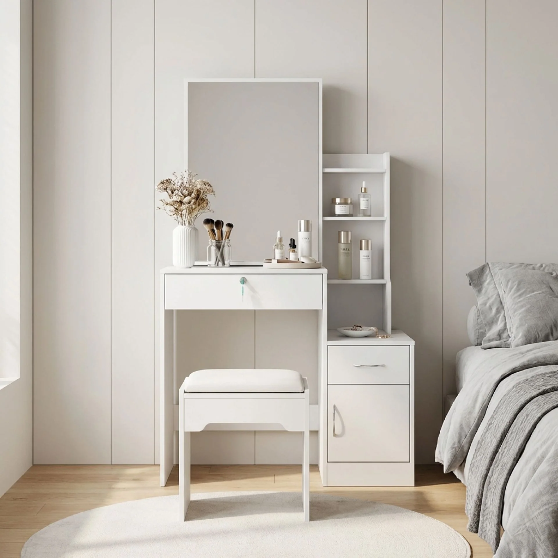 Magnolia Sliding Door Mirror Dressing Table Set 2pcs - White