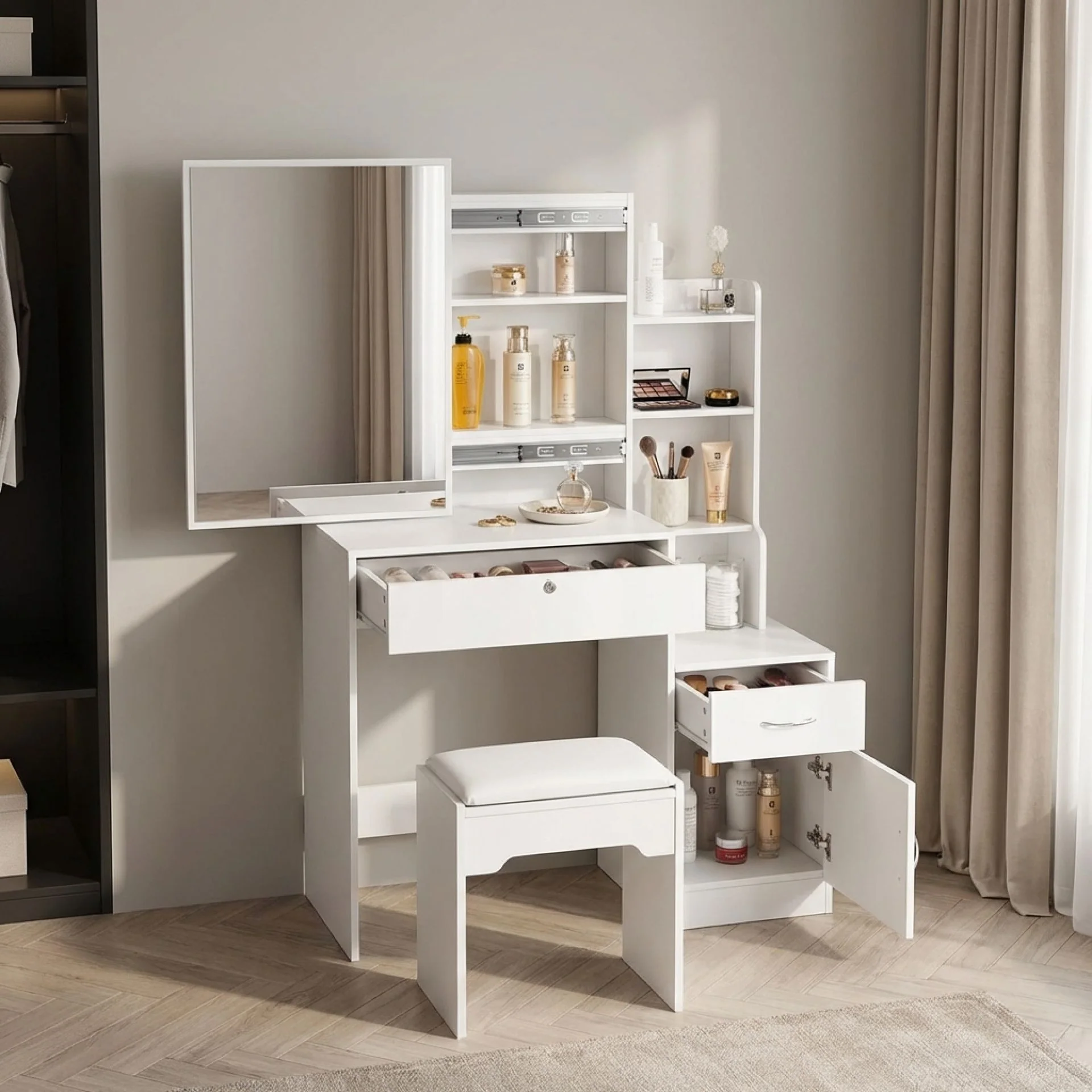 Magnolia Sliding Door Mirror Dressing Table Set 2pcs - White - Image 2