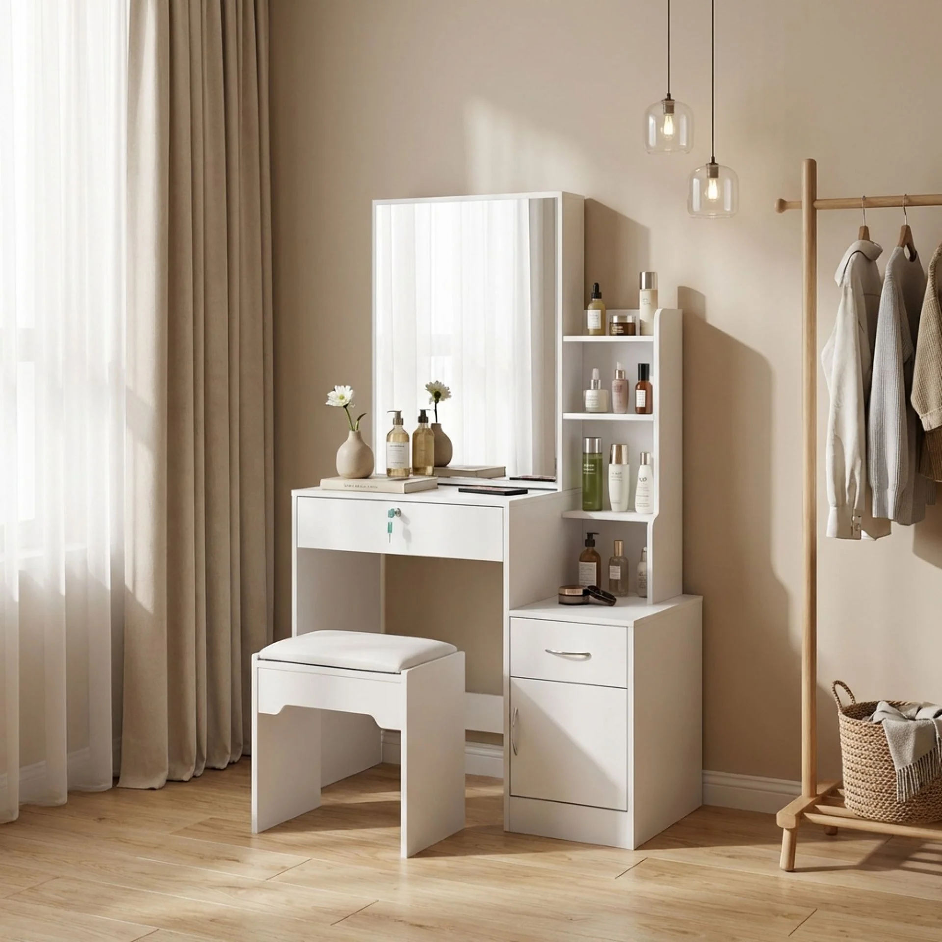 Magnolia Sliding Door Mirror Dressing Table Set 2pcs - White - Image 3