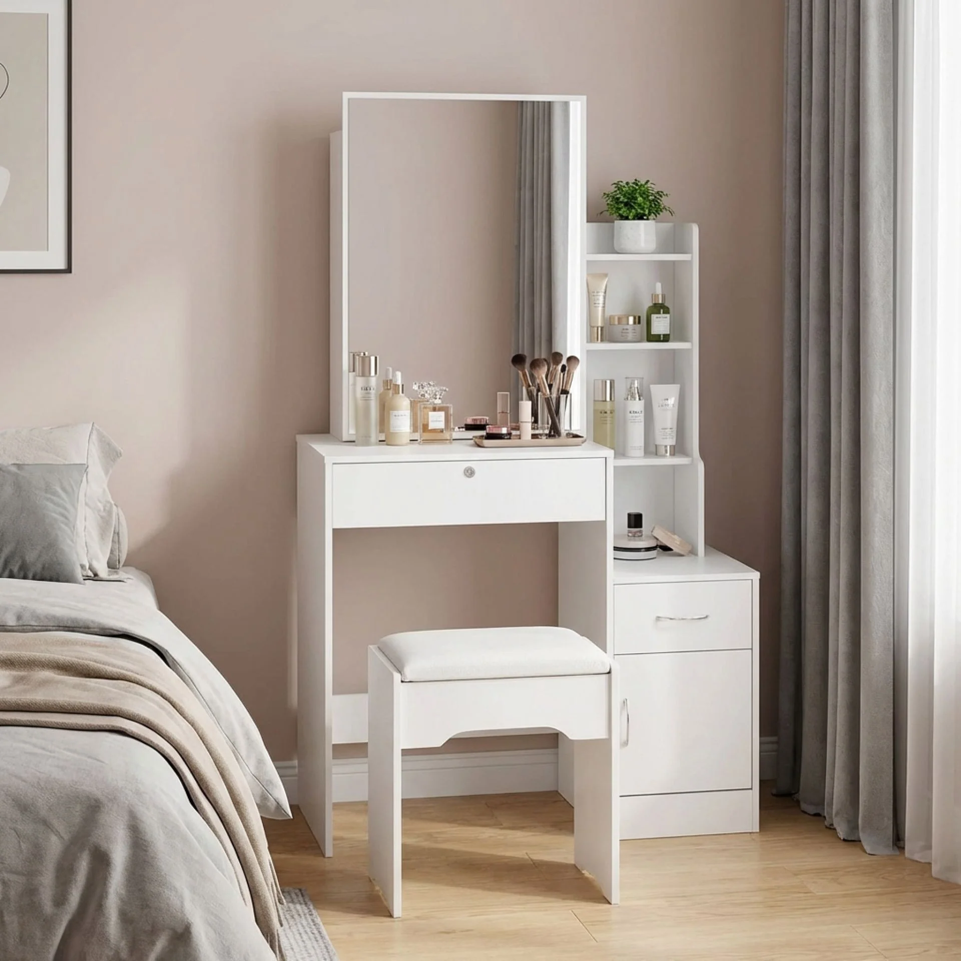 Magnolia Sliding Door Mirror Dressing Table Set 2pcs - White - Image 4