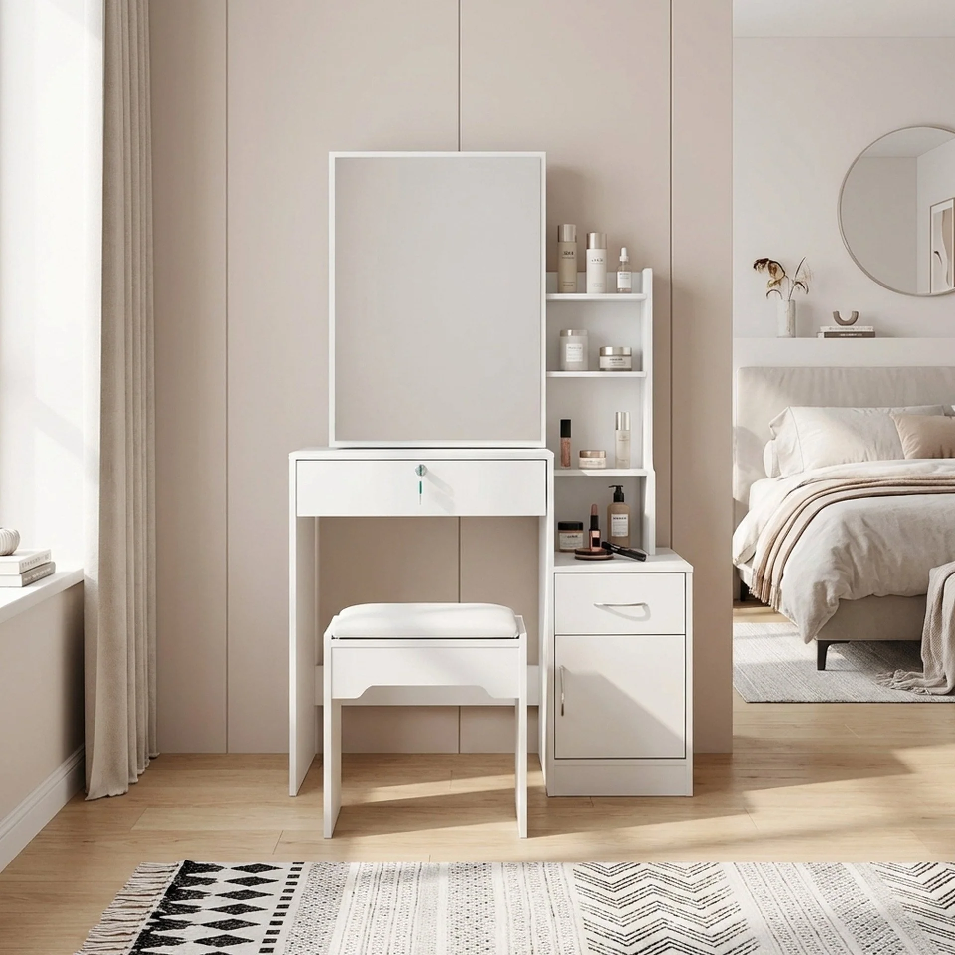 Magnolia Sliding Door Mirror Dressing Table Set 2pcs - White - Image 5