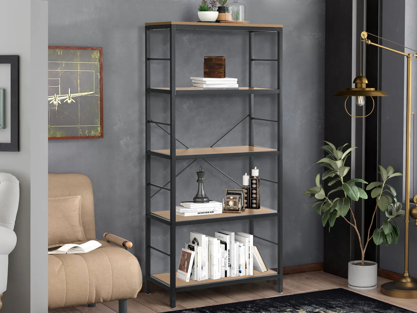 MAINIT 5 Tier Bookshelf - Oak - Image 2
