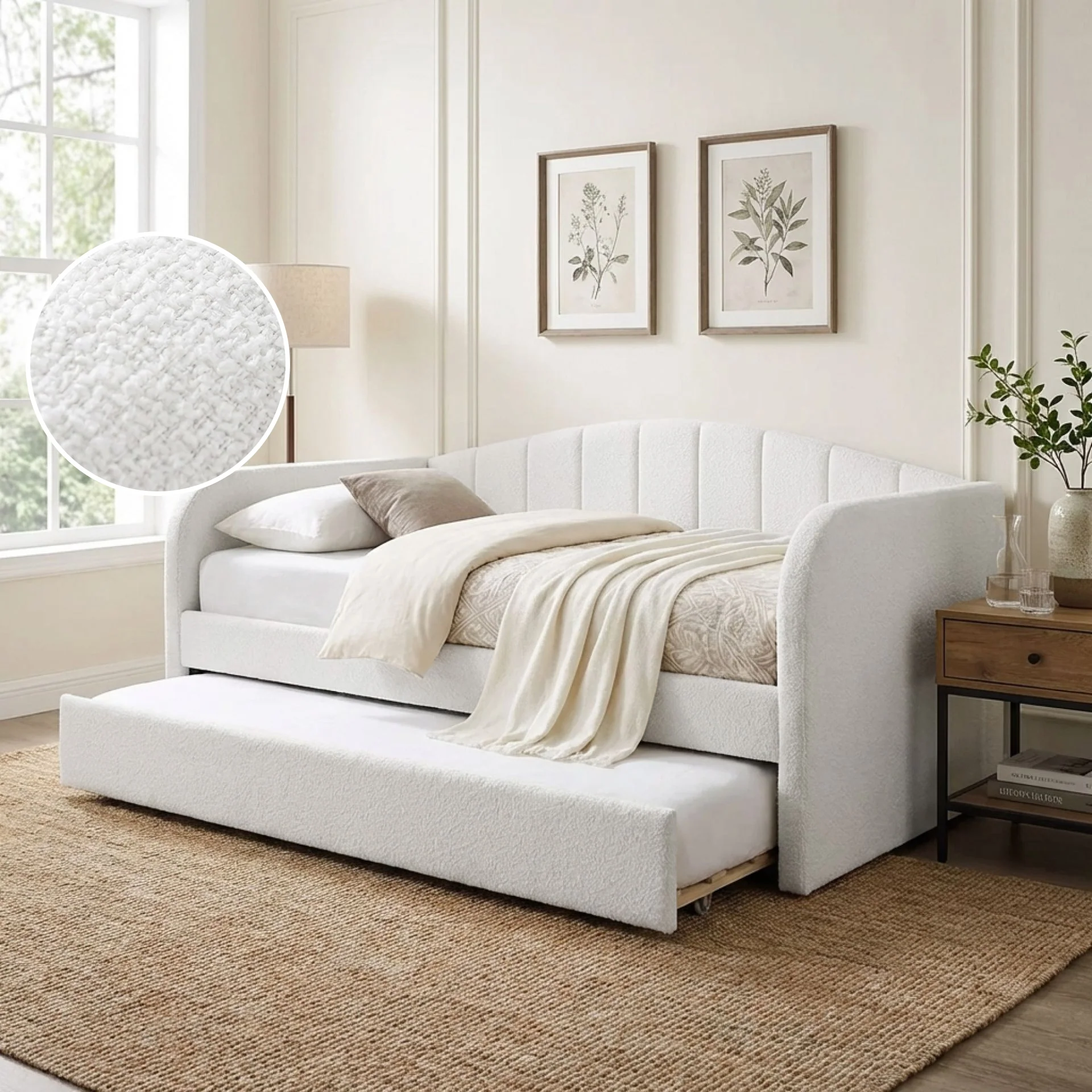Majura Boucle Single Trundle Bed Frame - Cream - Image 2
