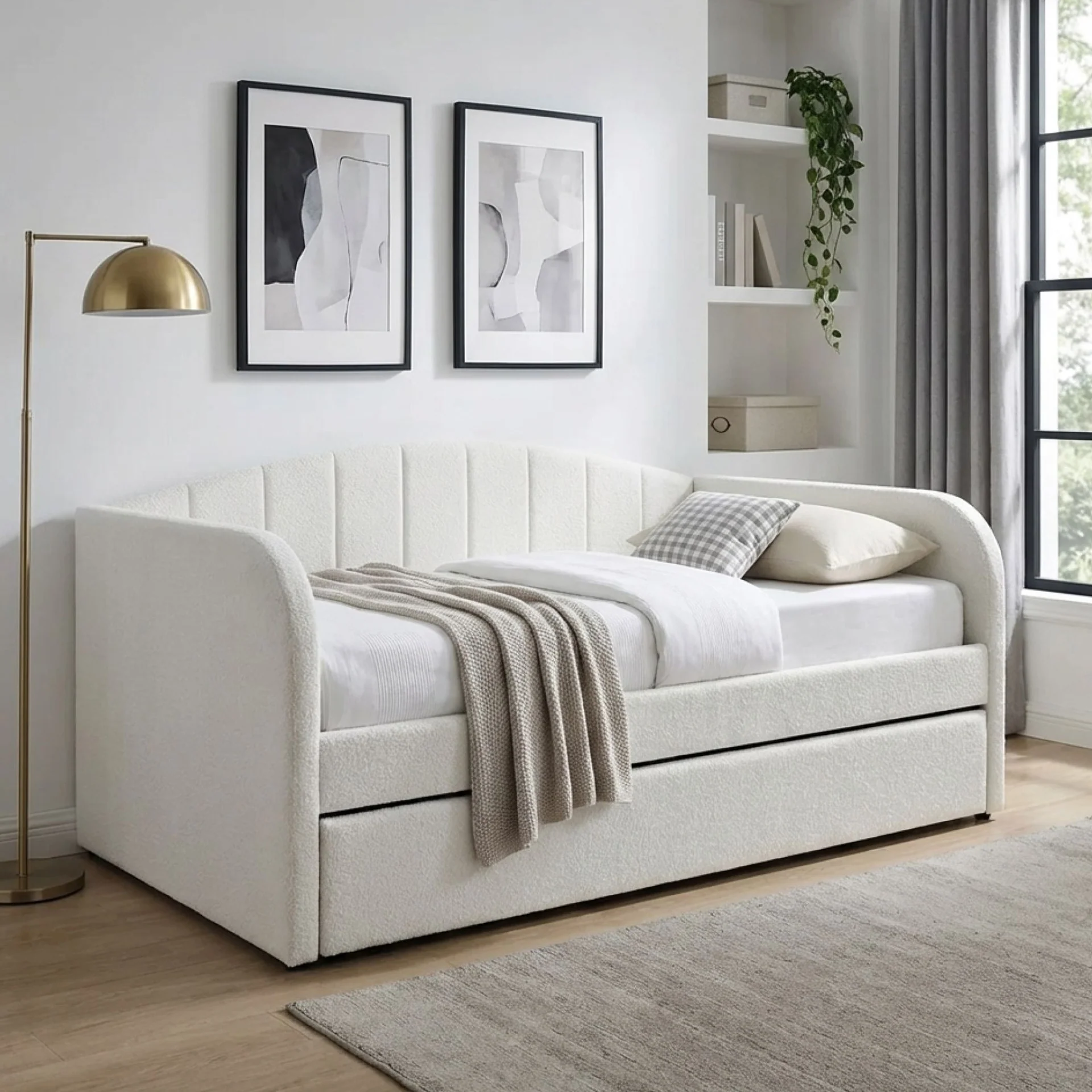 Majura Boucle Single Trundle Bed Frame - Cream - Image 3