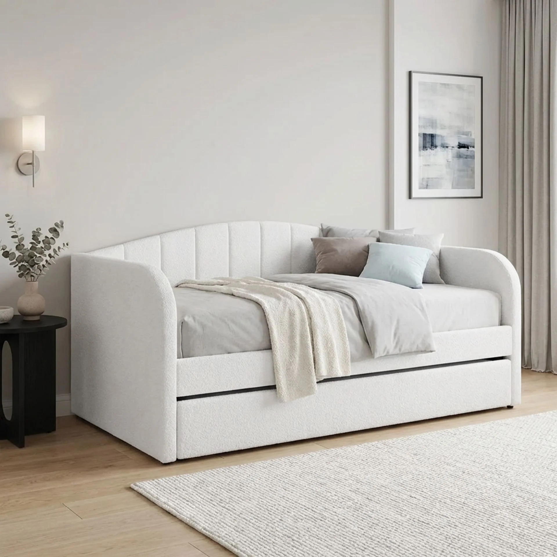 Majura Boucle Single Trundle Bed Frame - Cream - Image 4