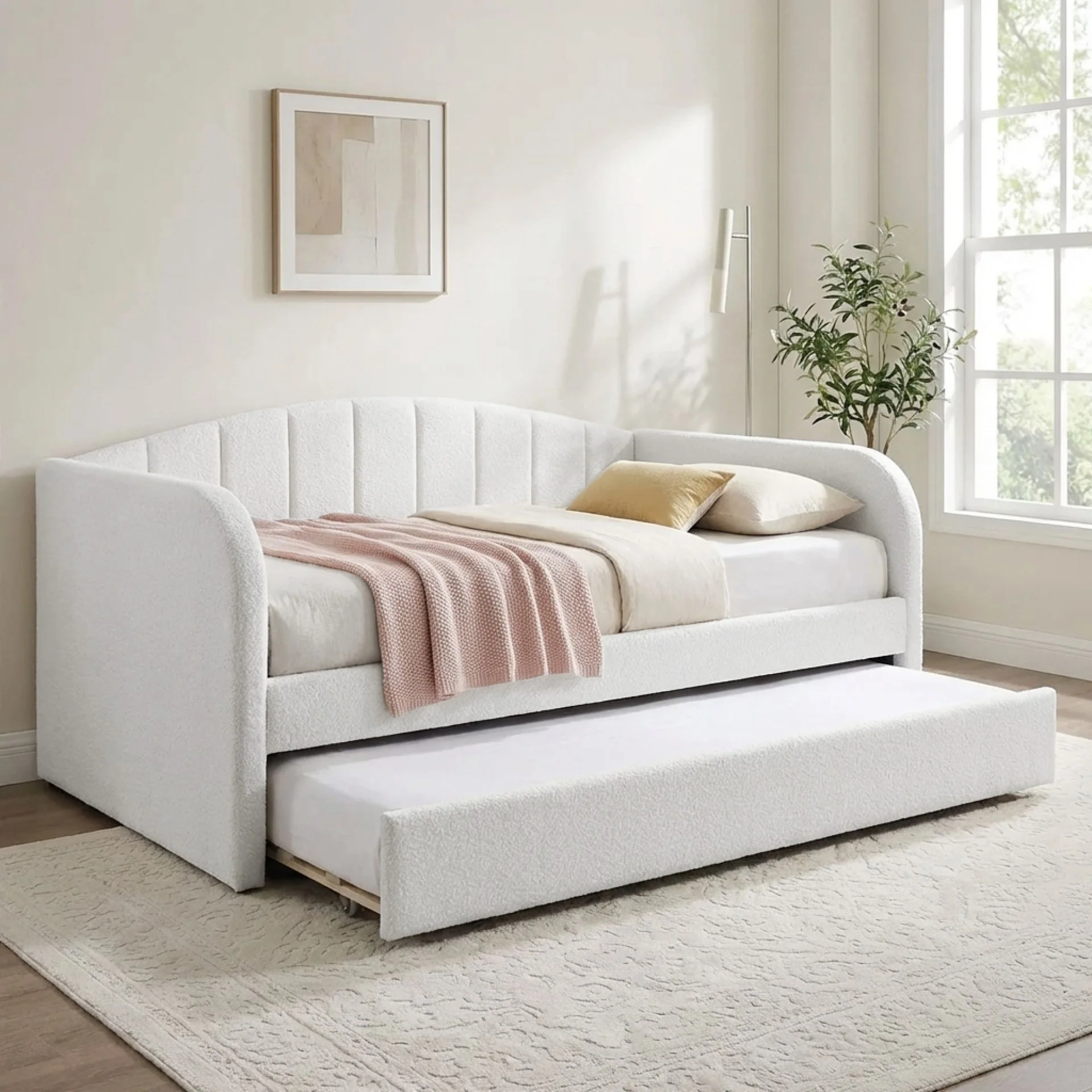 Majura Boucle Single Trundle Bed Frame - Cream - Image 5