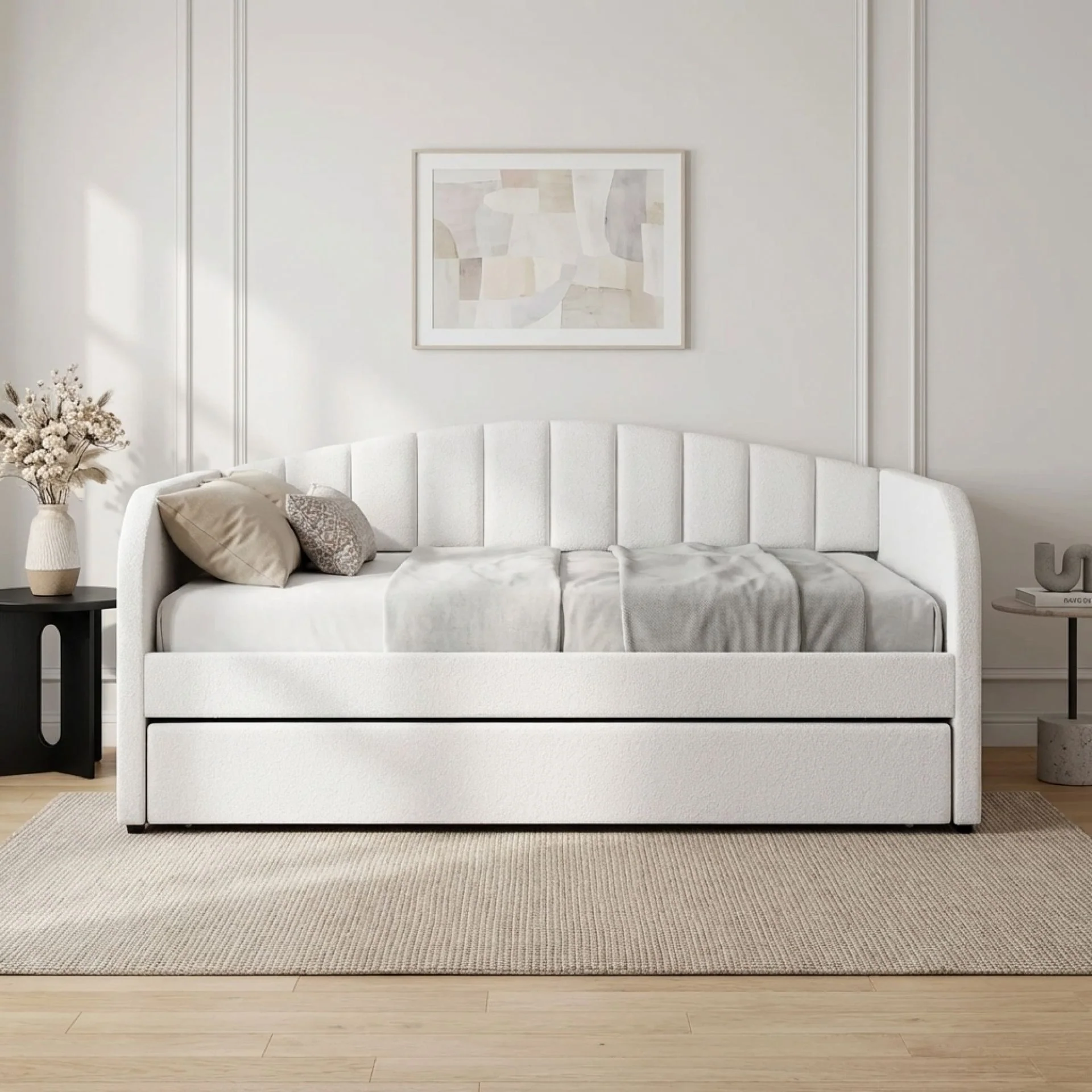 Majura Boucle Single Trundle Bed Frame - Cream - Image 6