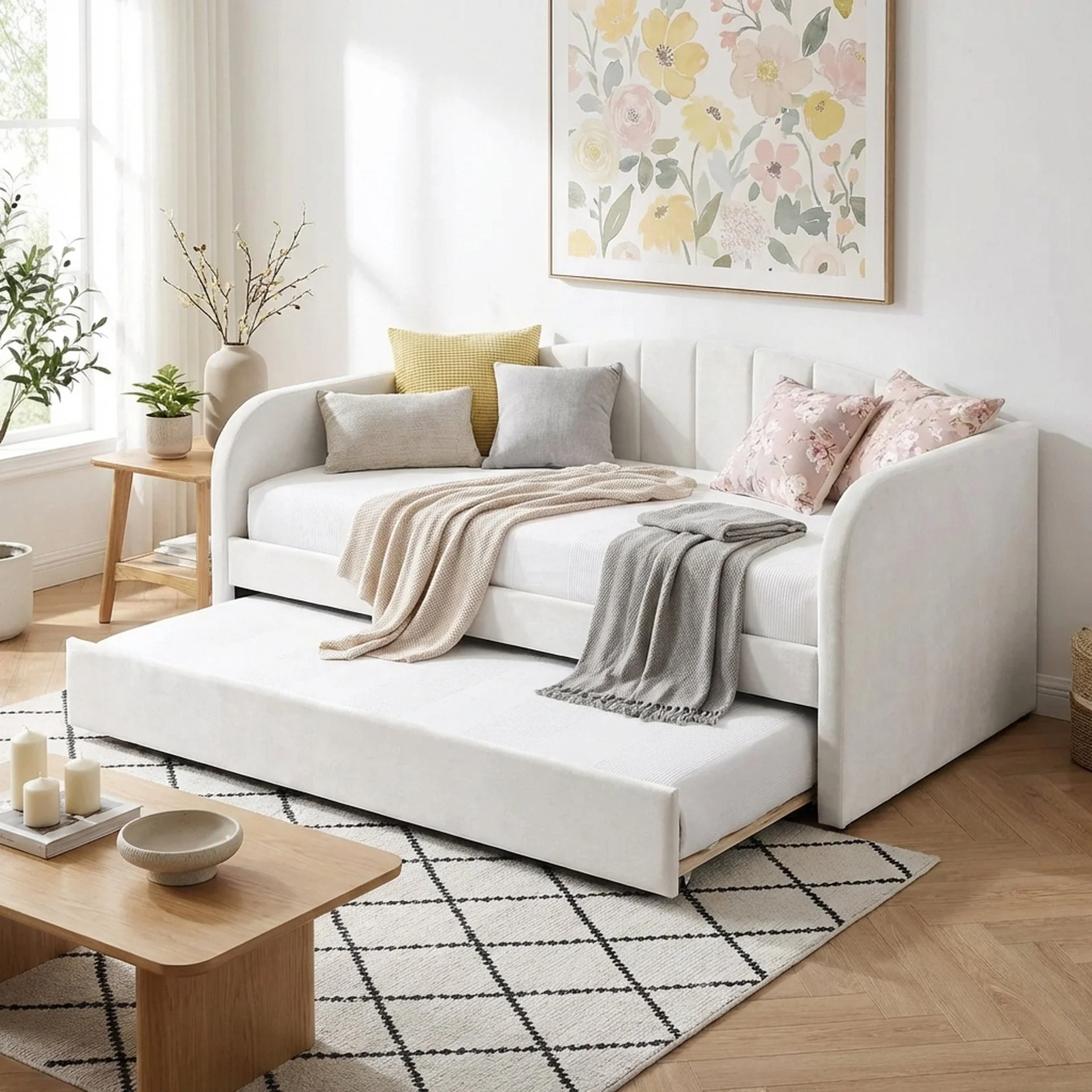 Majura Boucle Single Trundle Bed Frame - Cream - Image 7
