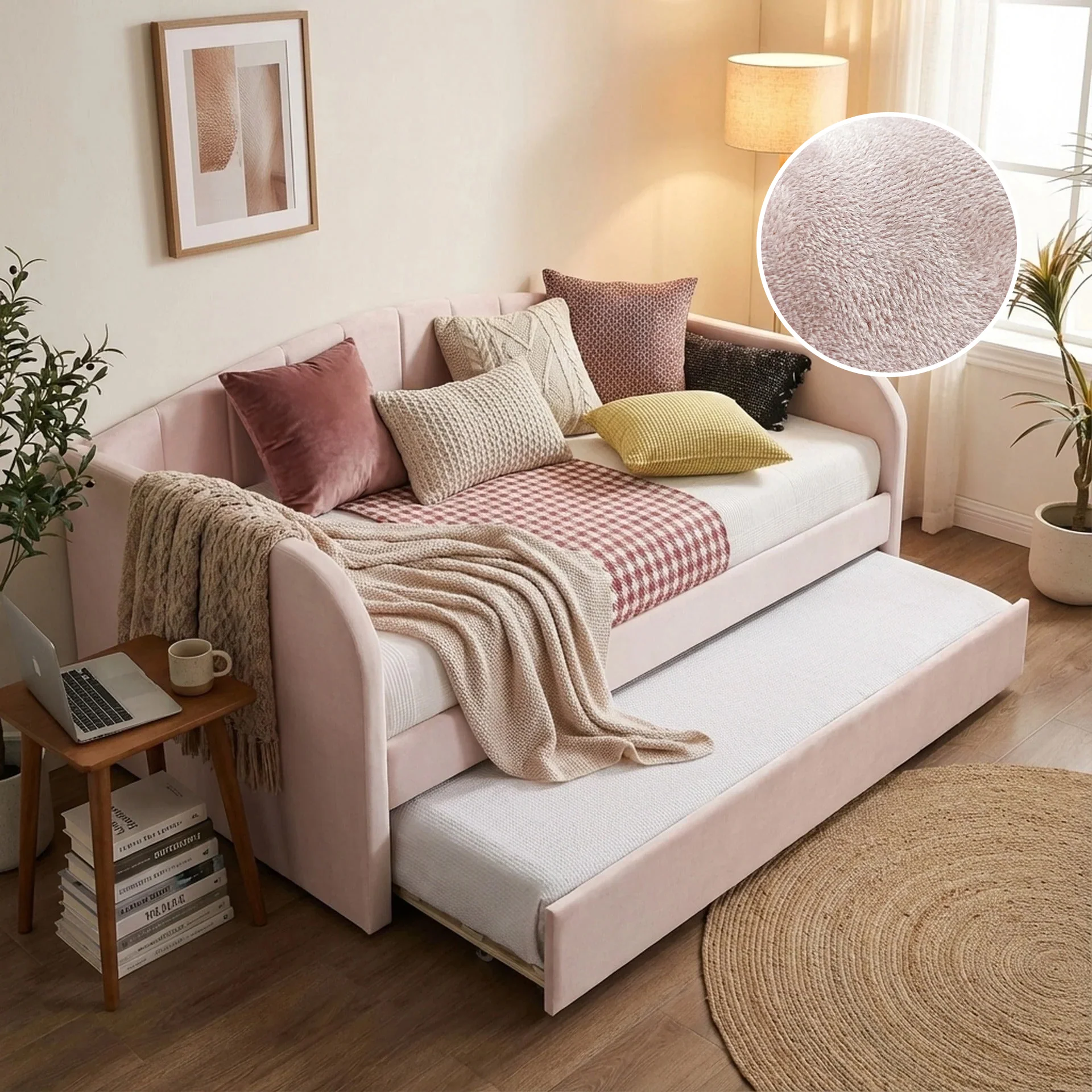 Majura Single Velvet Trundle Bed Frame - Pink - Image 2