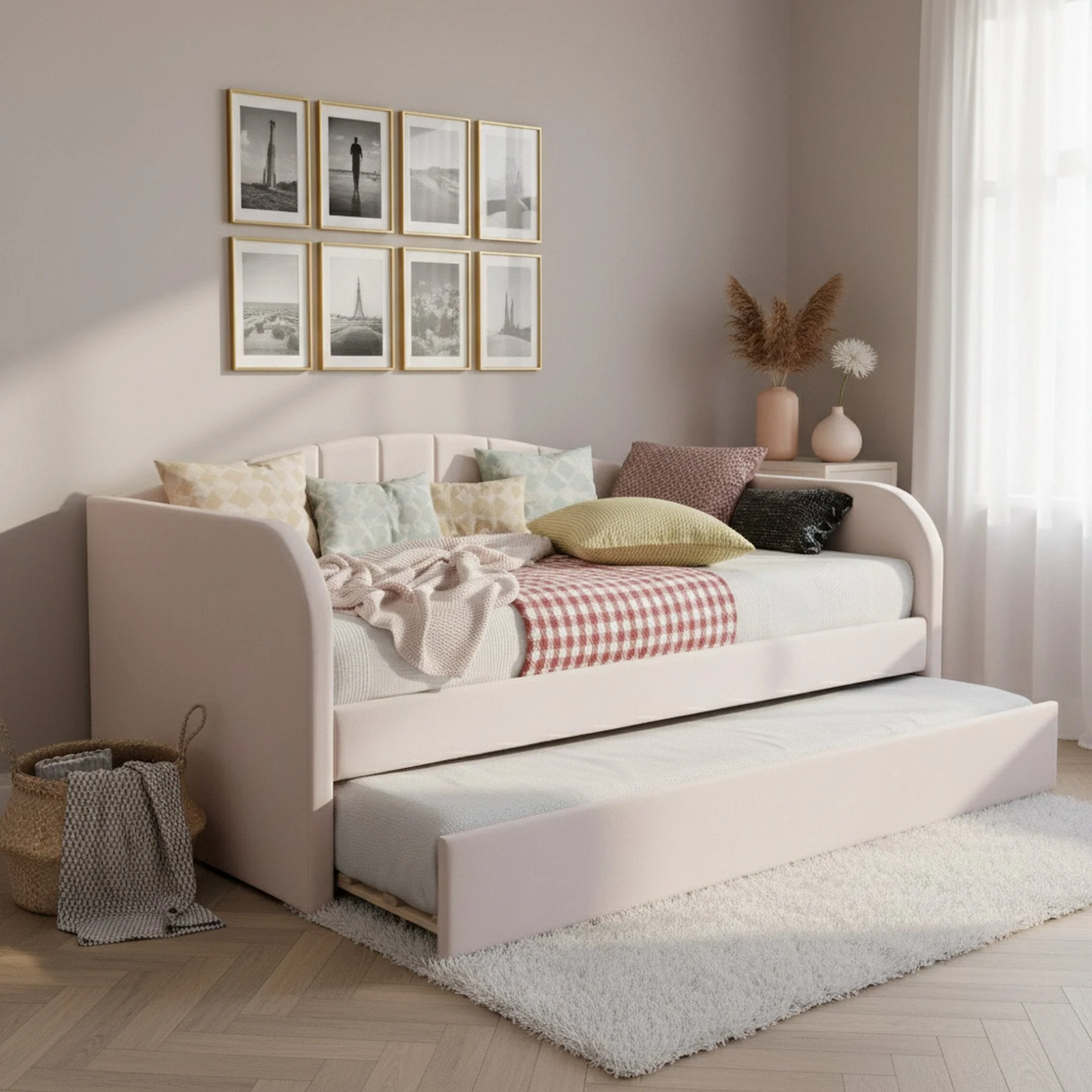 Majura Single Velvet Trundle Bed Frame - Pink - Image 3