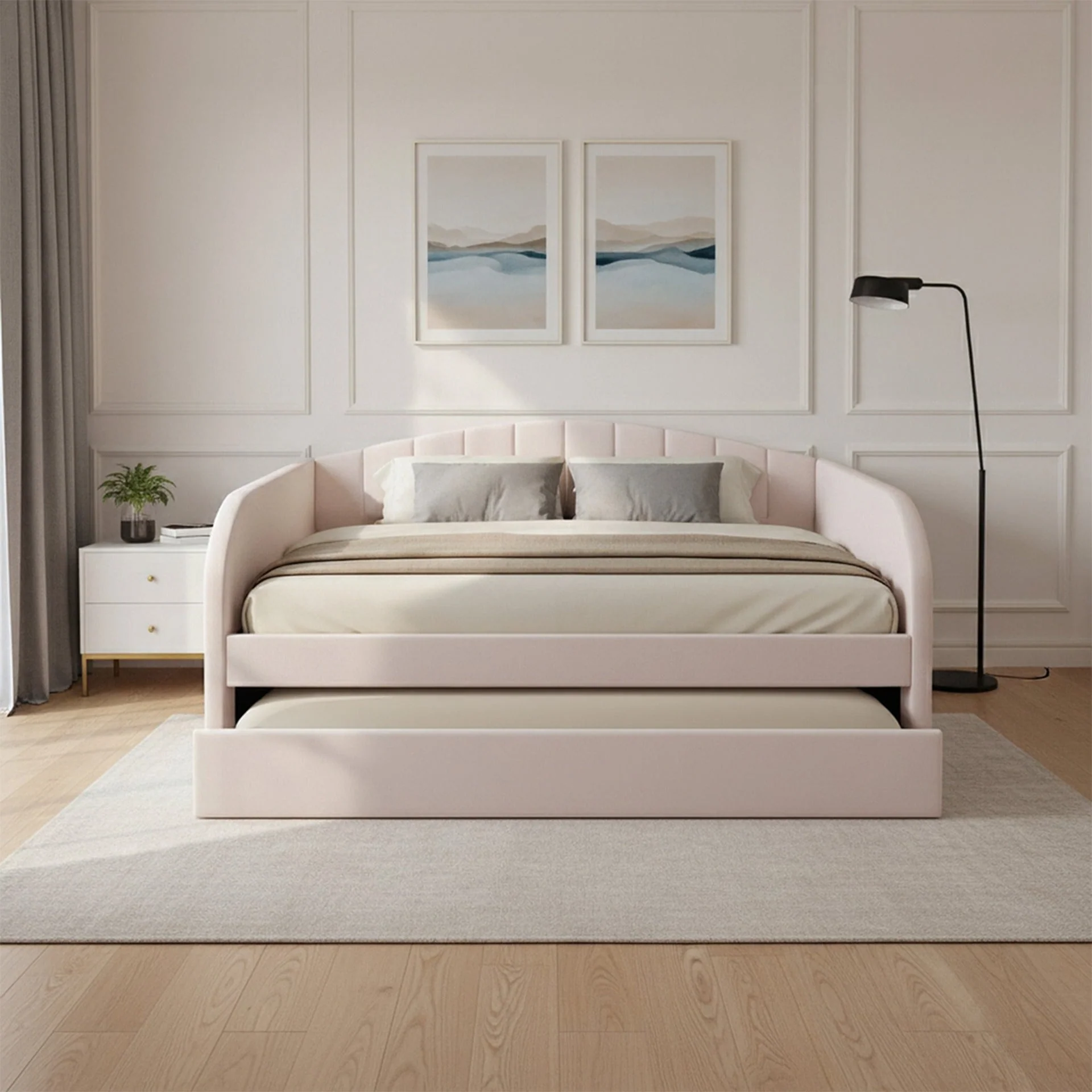 Majura Single Velvet Trundle Bed Frame - Pink - Image 4