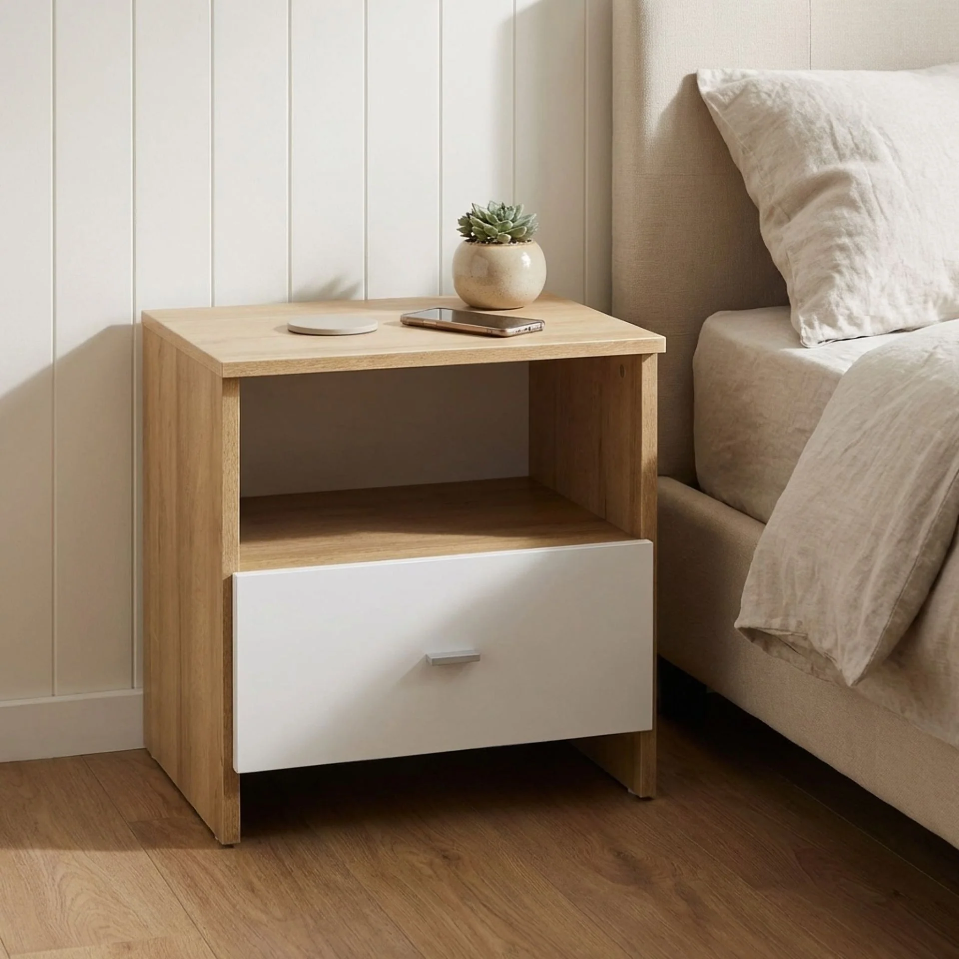 Makalu Wooden Bedside Table Nightstand - Oak - Image 3