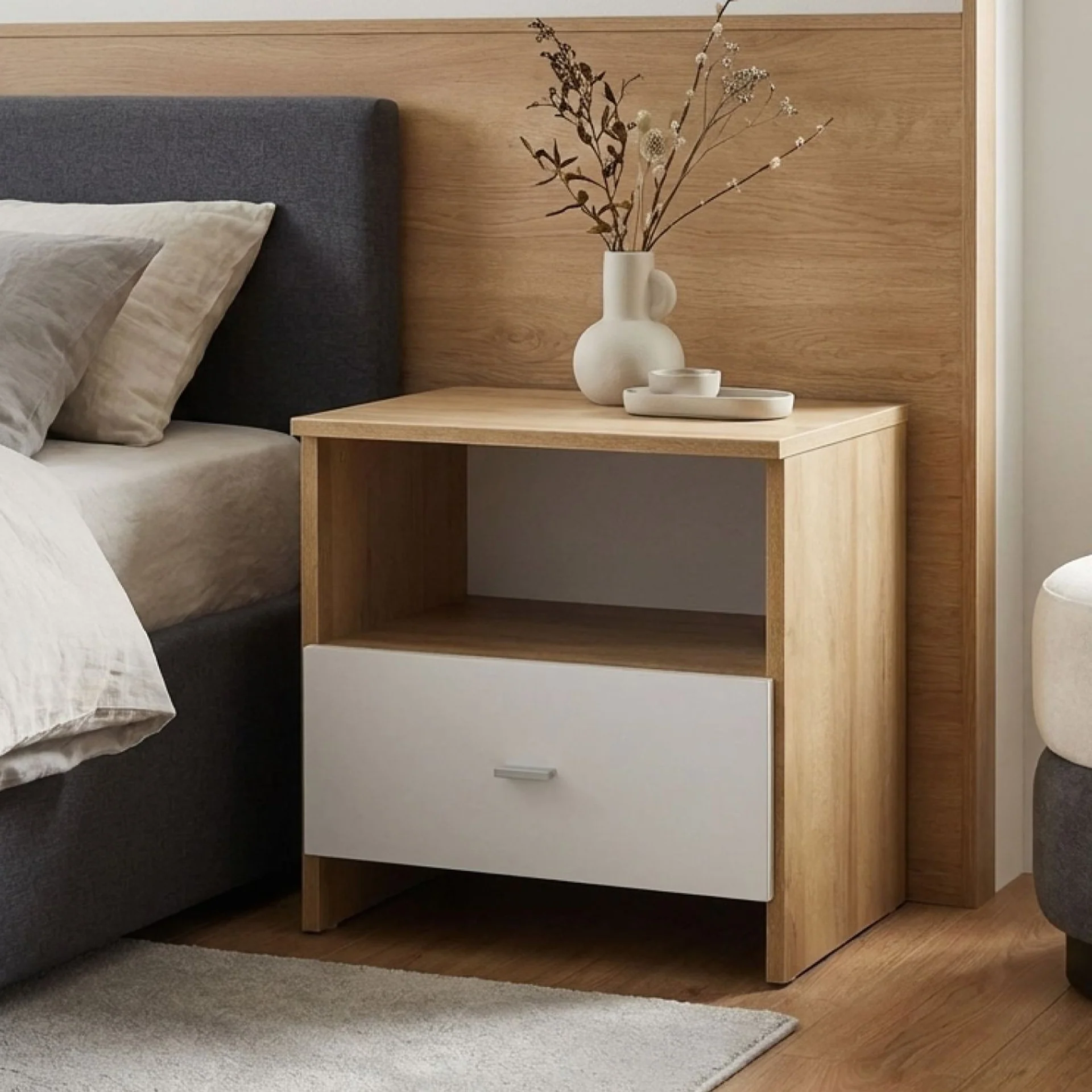 Makalu Wooden Bedside Table Nightstand - Oak - Image 4