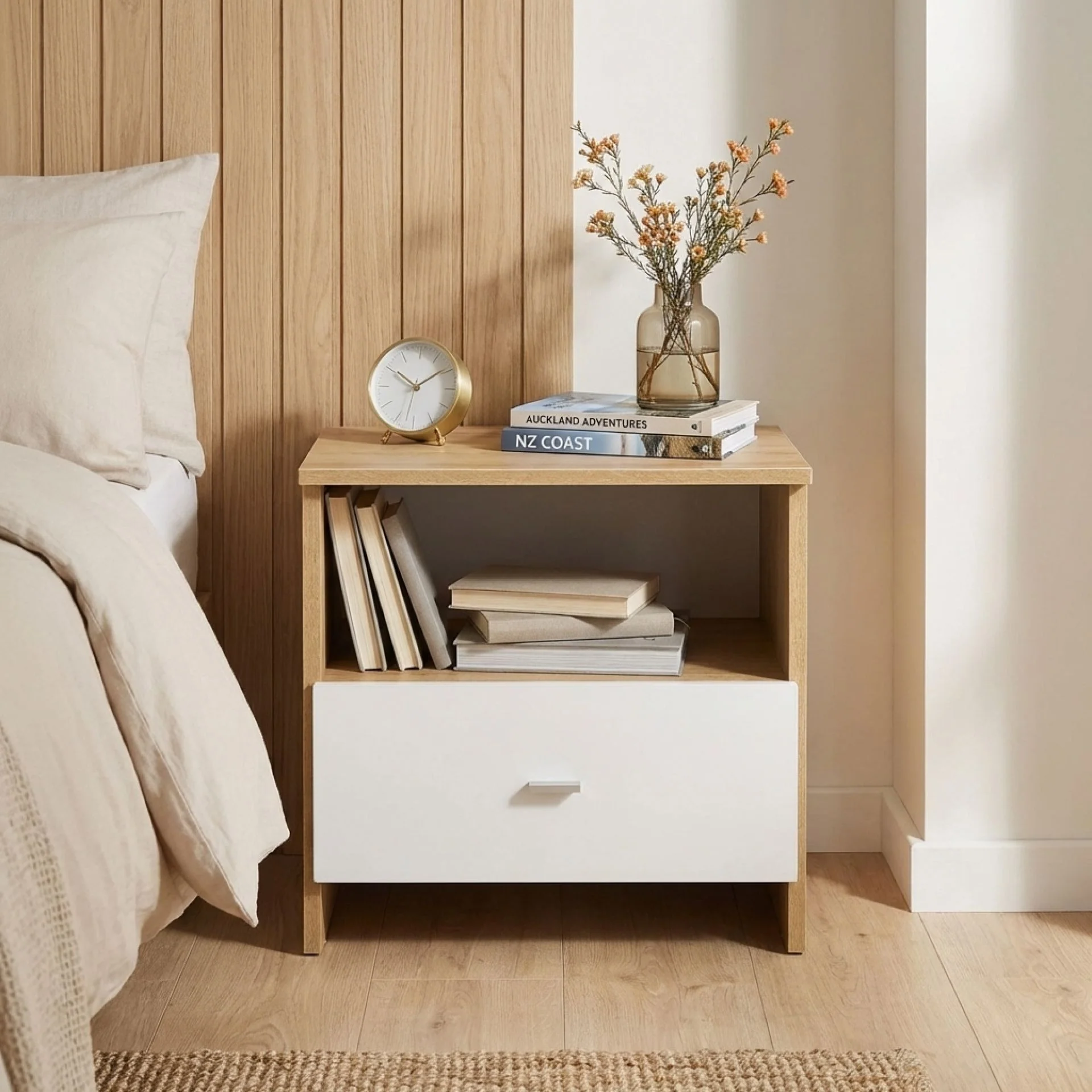 Makalu Wooden Bedside Table Nightstand - Oak - Image 5