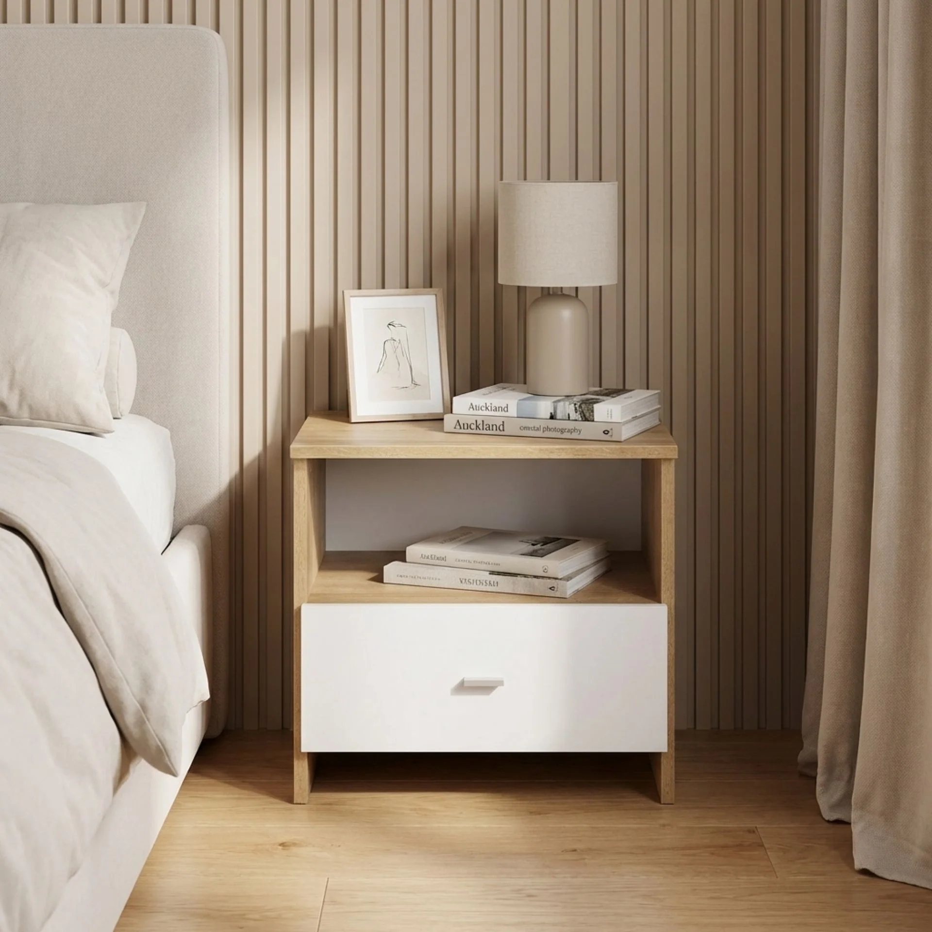 Makalu Wooden Bedside Table Nightstand - Oak - Image 6