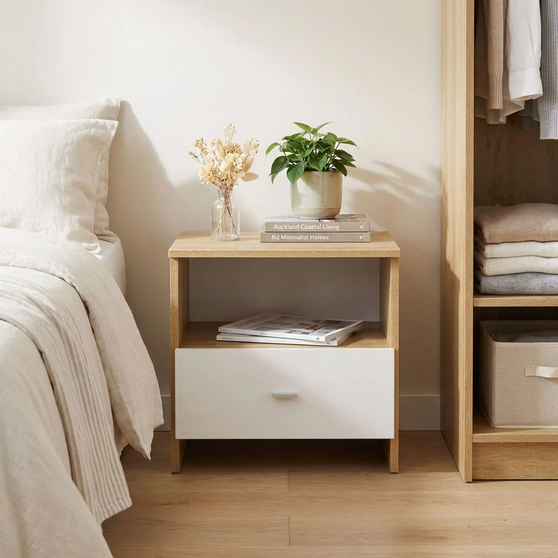 Makalu Wooden Bedside Table Nightstand - Oak - Image 7