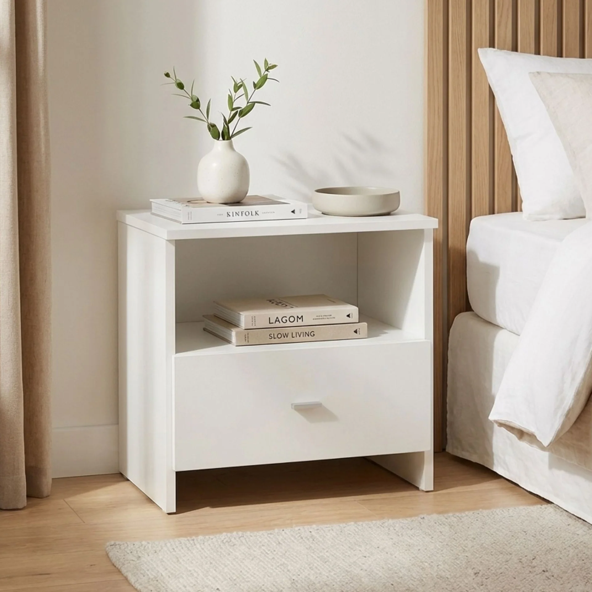 Makalu Wooden Bedside Table with 1 Drawer - White - Image 3