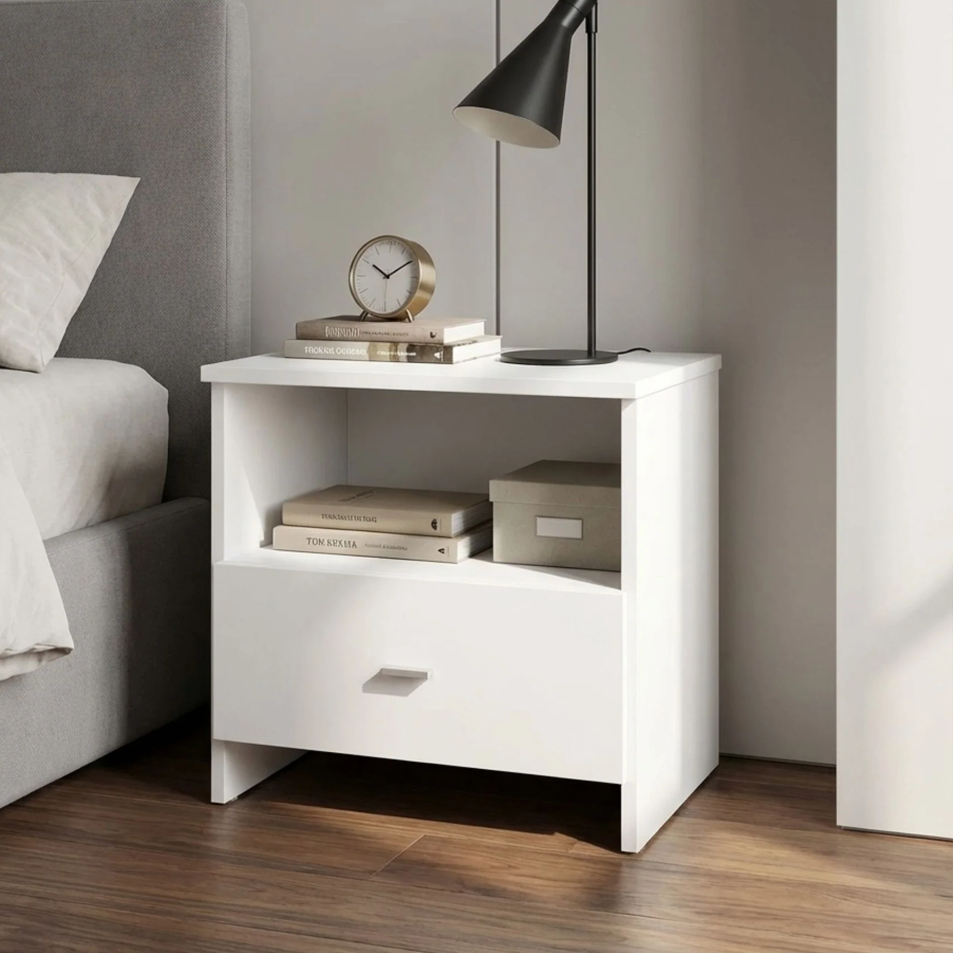 Makalu Wooden Bedside Table with 1 Drawer - White - Image 4
