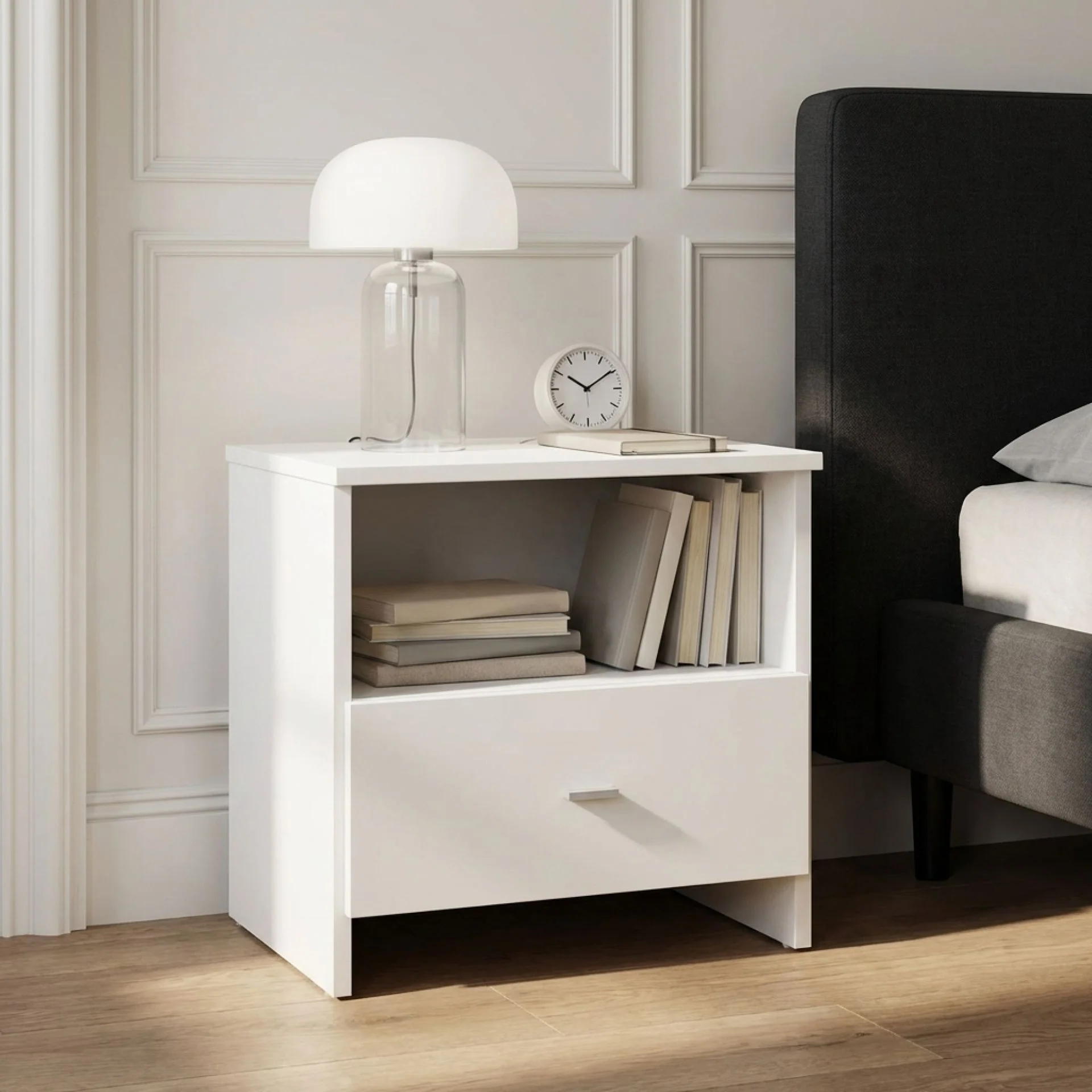 Makalu Wooden Bedside Table with 1 Drawer - White - Image 5