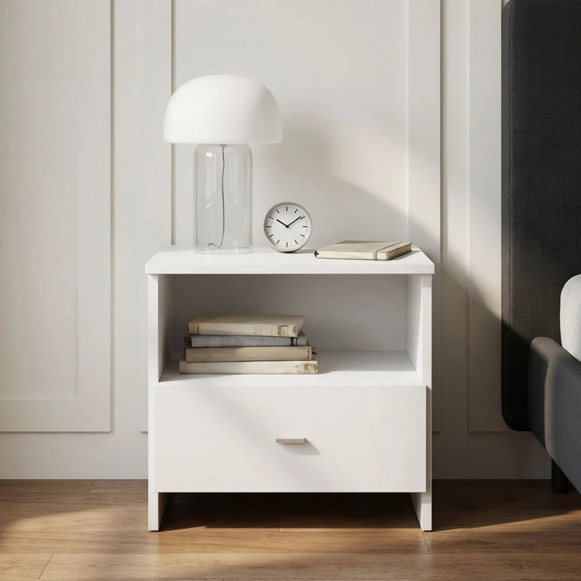 Makalu Wooden Bedside Table with 1 Drawer - White - Image 6