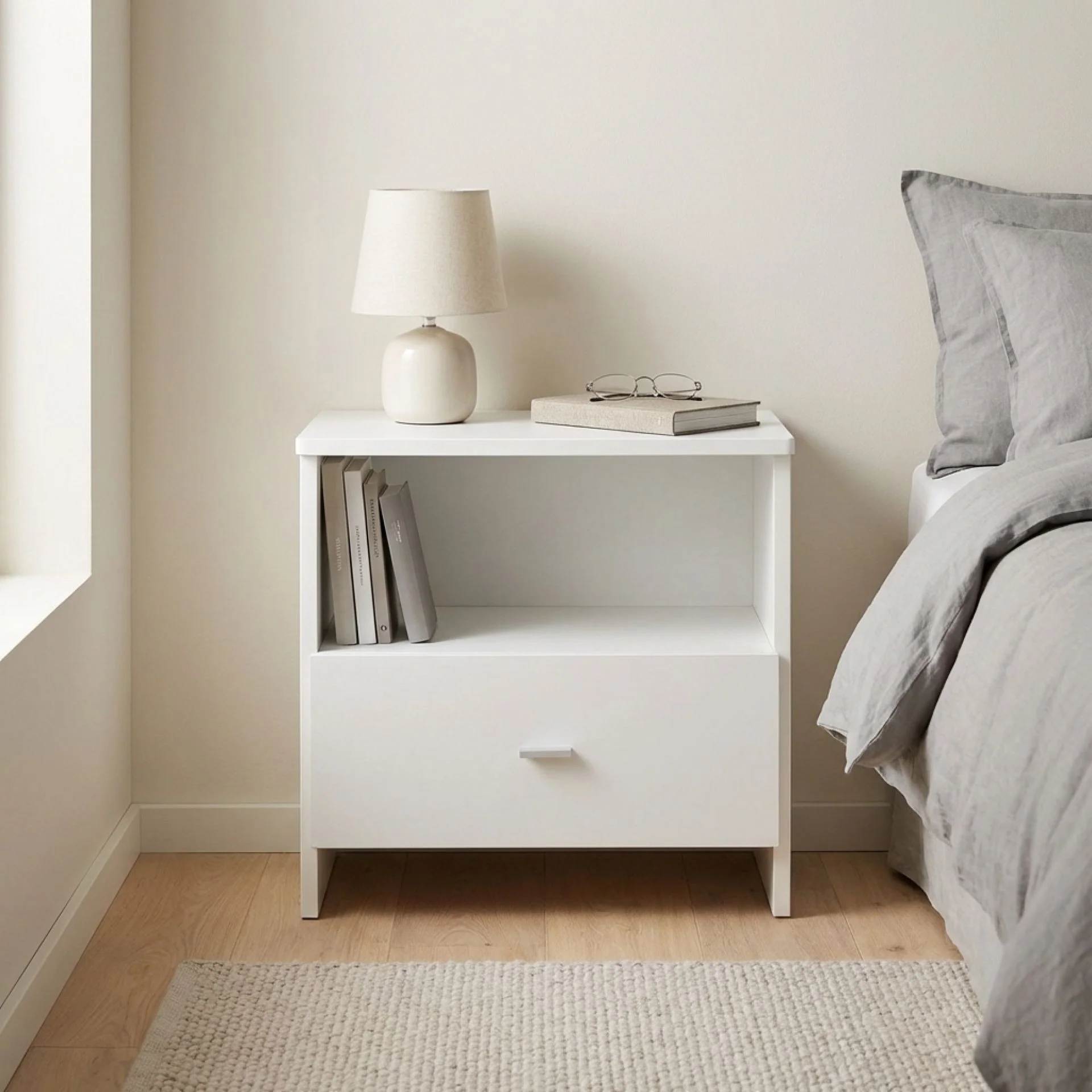 Makalu Wooden Bedside Table with 1 Drawer - White - Image 7