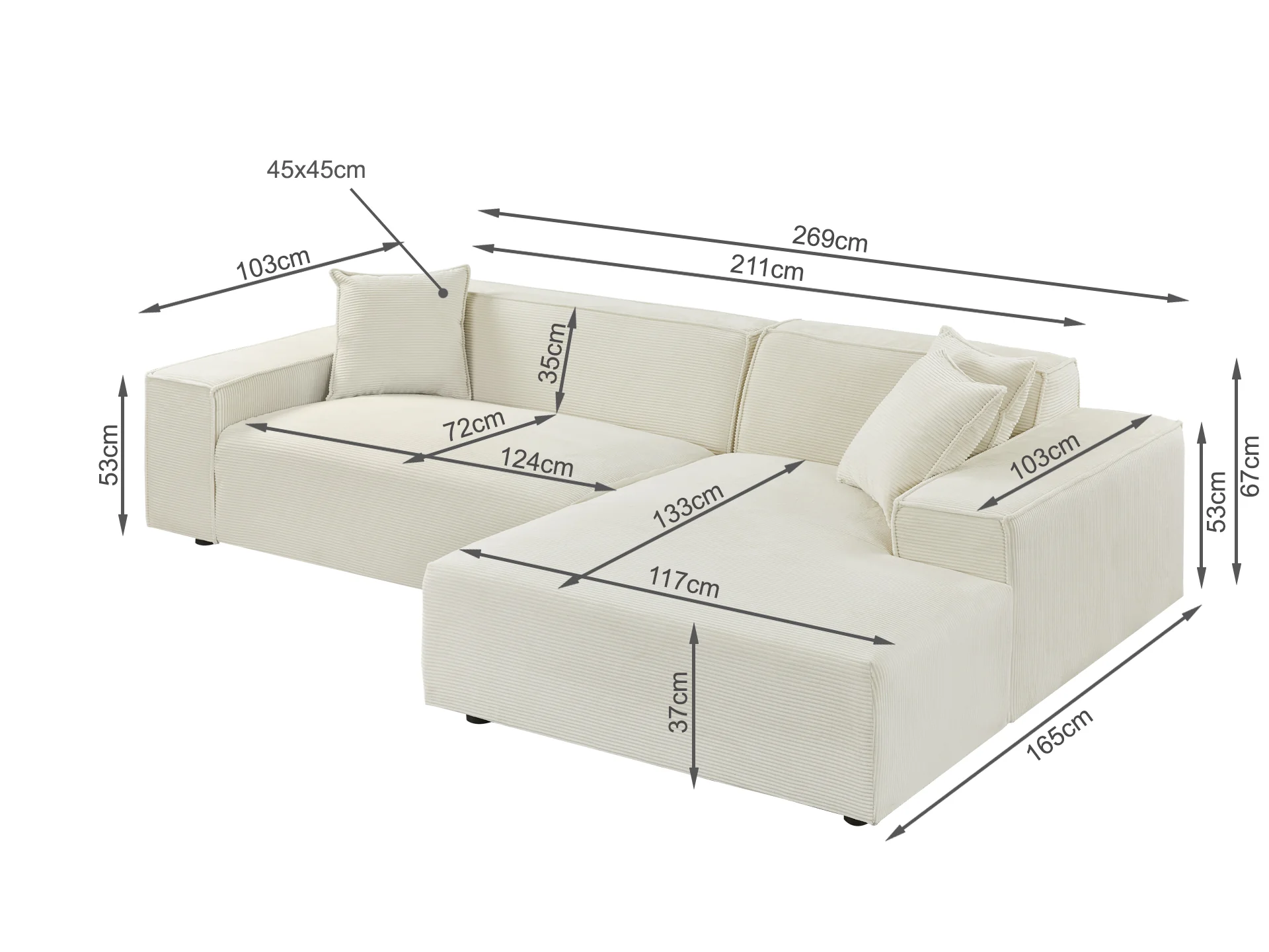 Marco 3 Seater Sofa with Right Facing Chaise - Pearl - Image 8