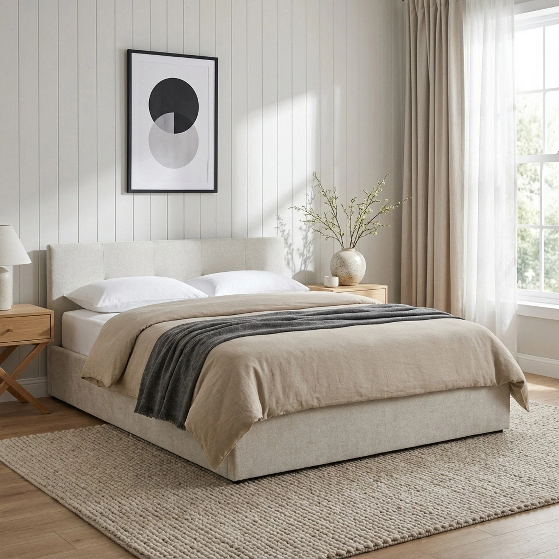 Maro Queen Gas Lift Bed Frame - Linen Beige