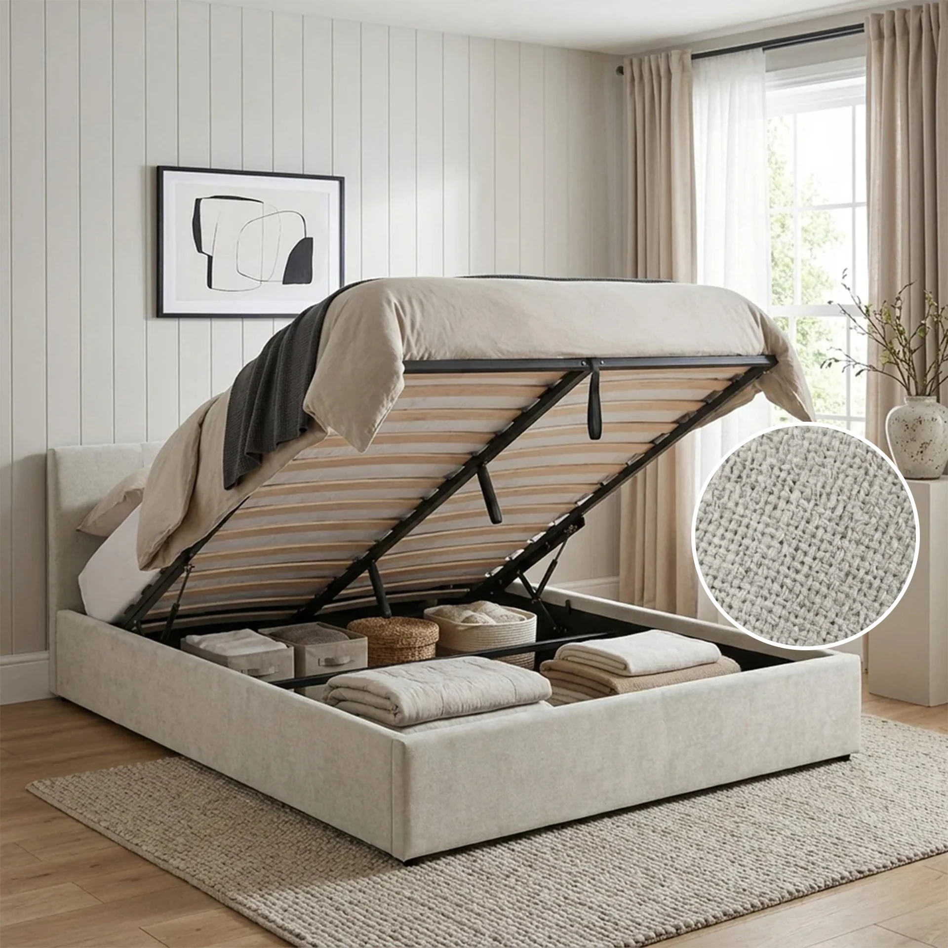 Maro Queen Gas Lift Bed Frame - Linen Beige - Image 2