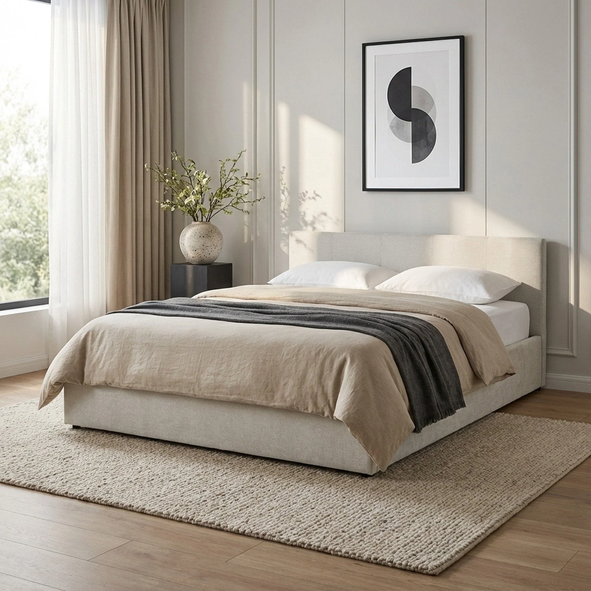 Maro Queen Gas Lift Bed Frame - Linen Beige - Image 4